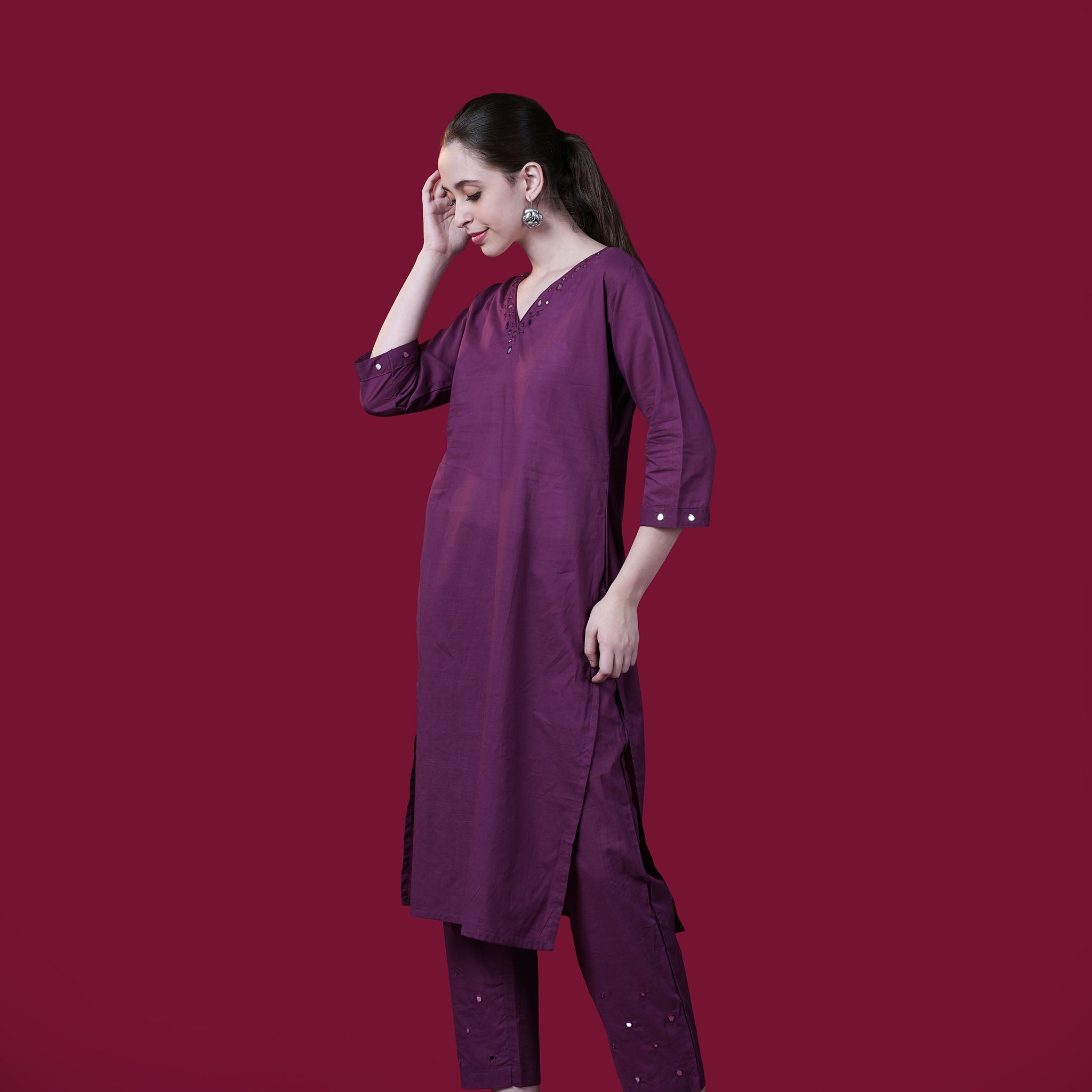 Solid Mirror Work Cotton Kurta Pant Set - Violet