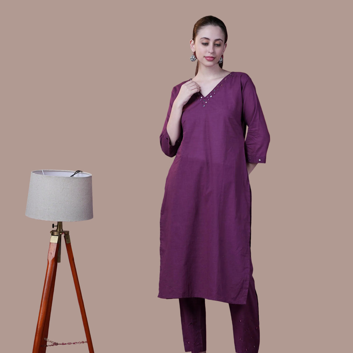 Solid Mirror Work Cotton Kurta Pant Set - Violet