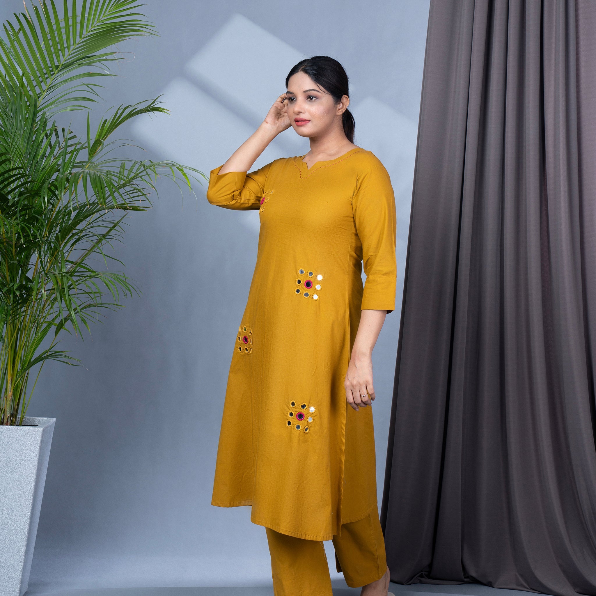 Hand Mirror Work Solid Cotton Kurta Pant Set - Mustard