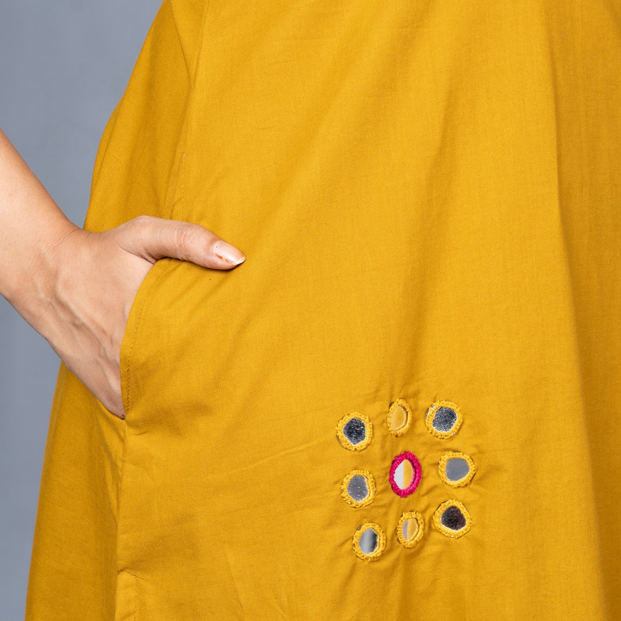 Hand Mirror Work Solid Cotton Kurta Pant Set - Mustard