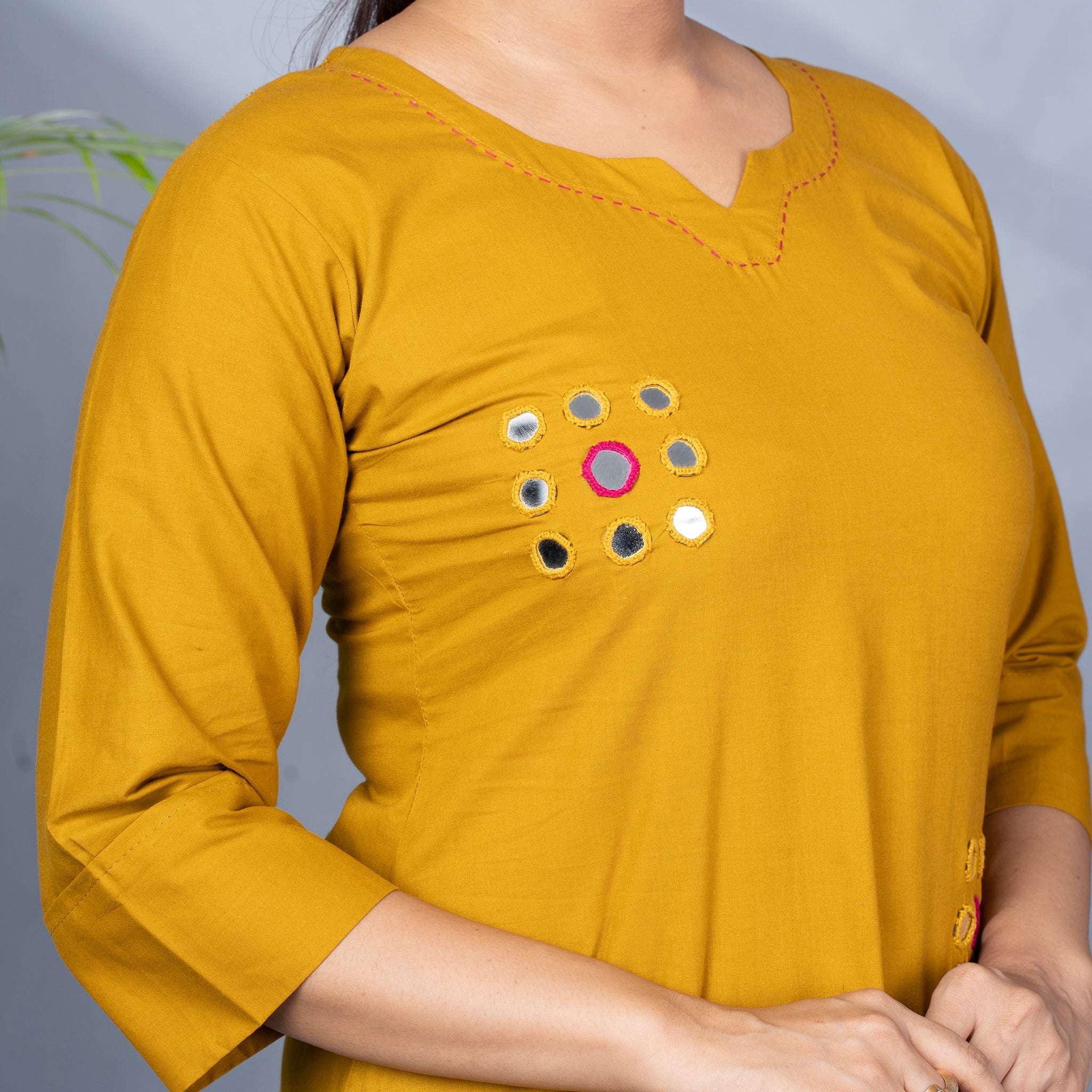 Hand Mirror Work Solid Cotton Kurta Pant Set - Mustard