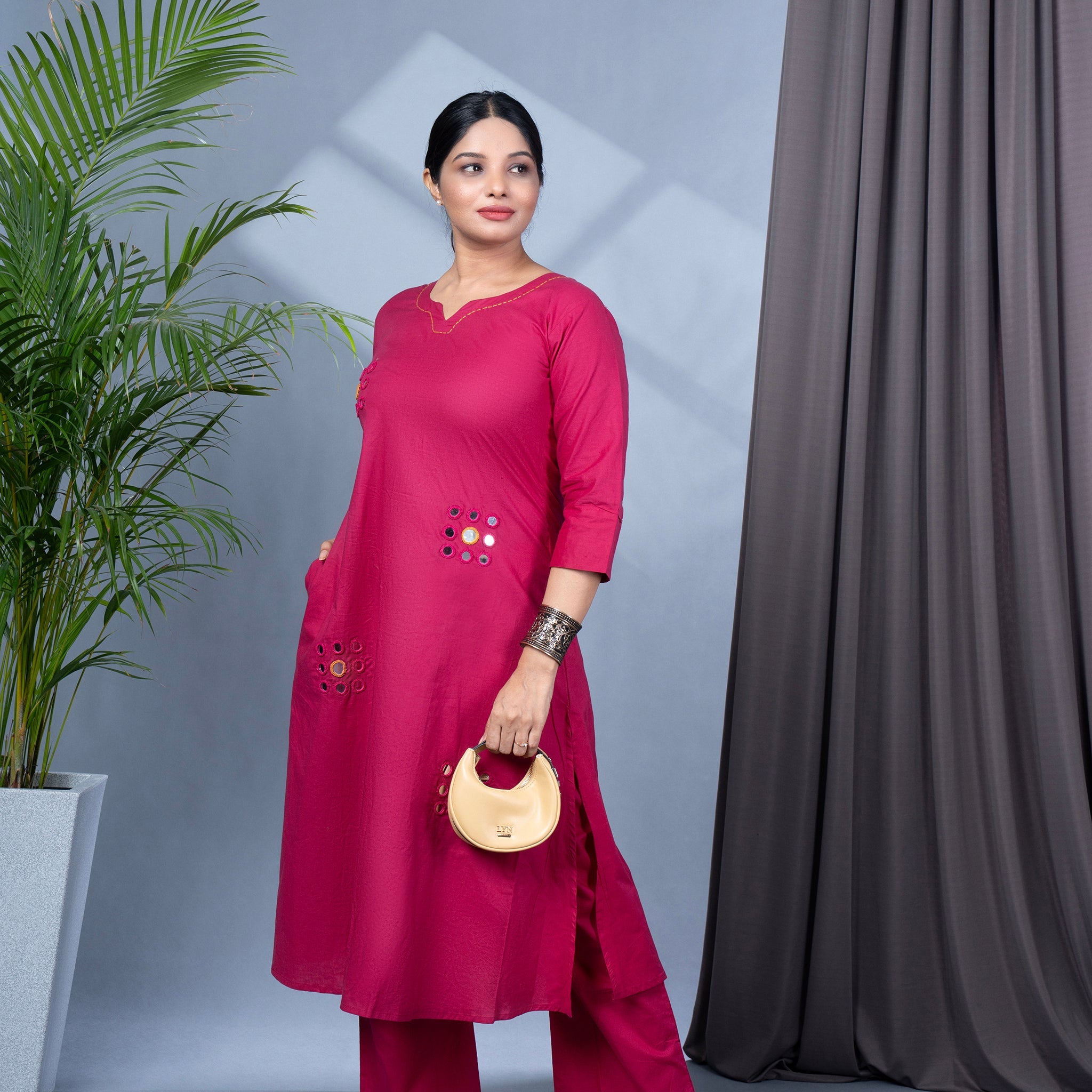 Hand Mirror Work Solid Cotton Kurta Pant Set - Magenta