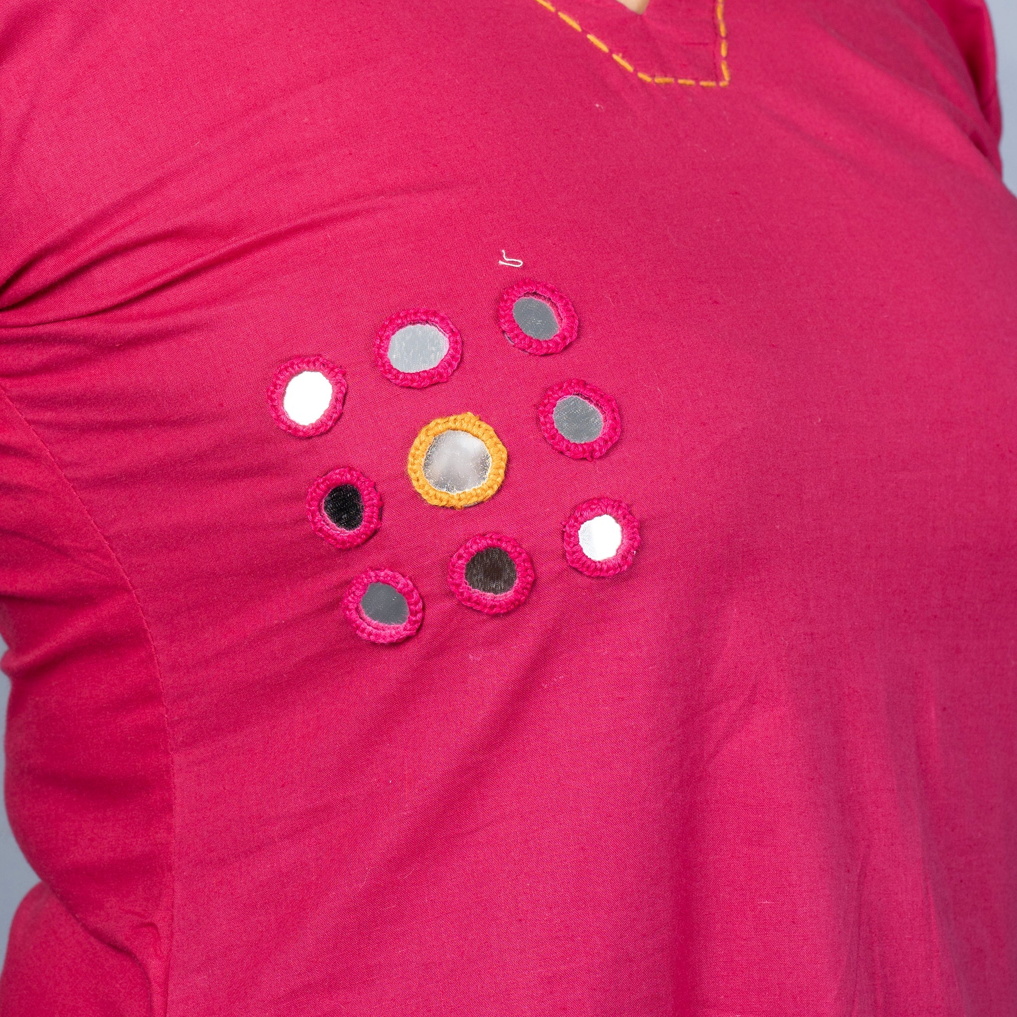 Hand Mirror Work Solid Cotton Kurta Pant Set - Magenta