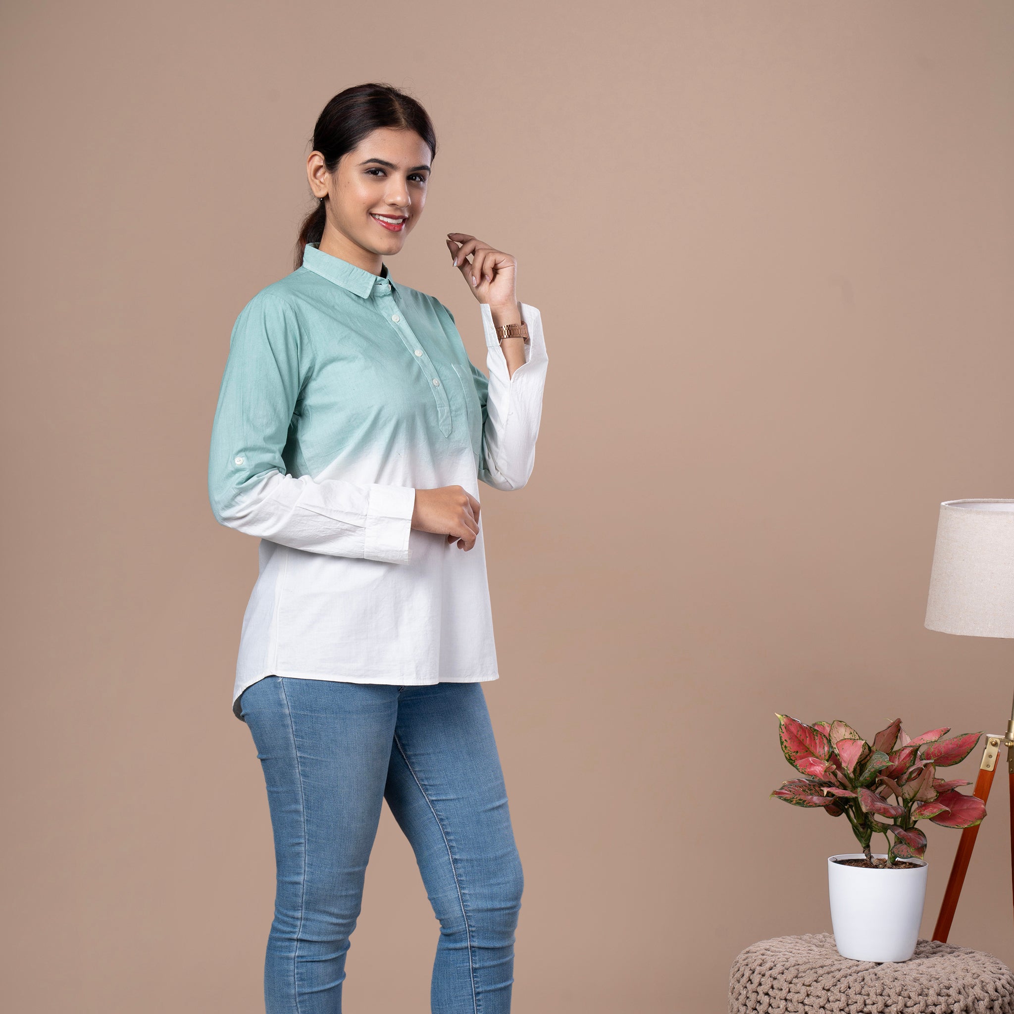 Solid Cotton Linen Shirt Style Tunic - Green