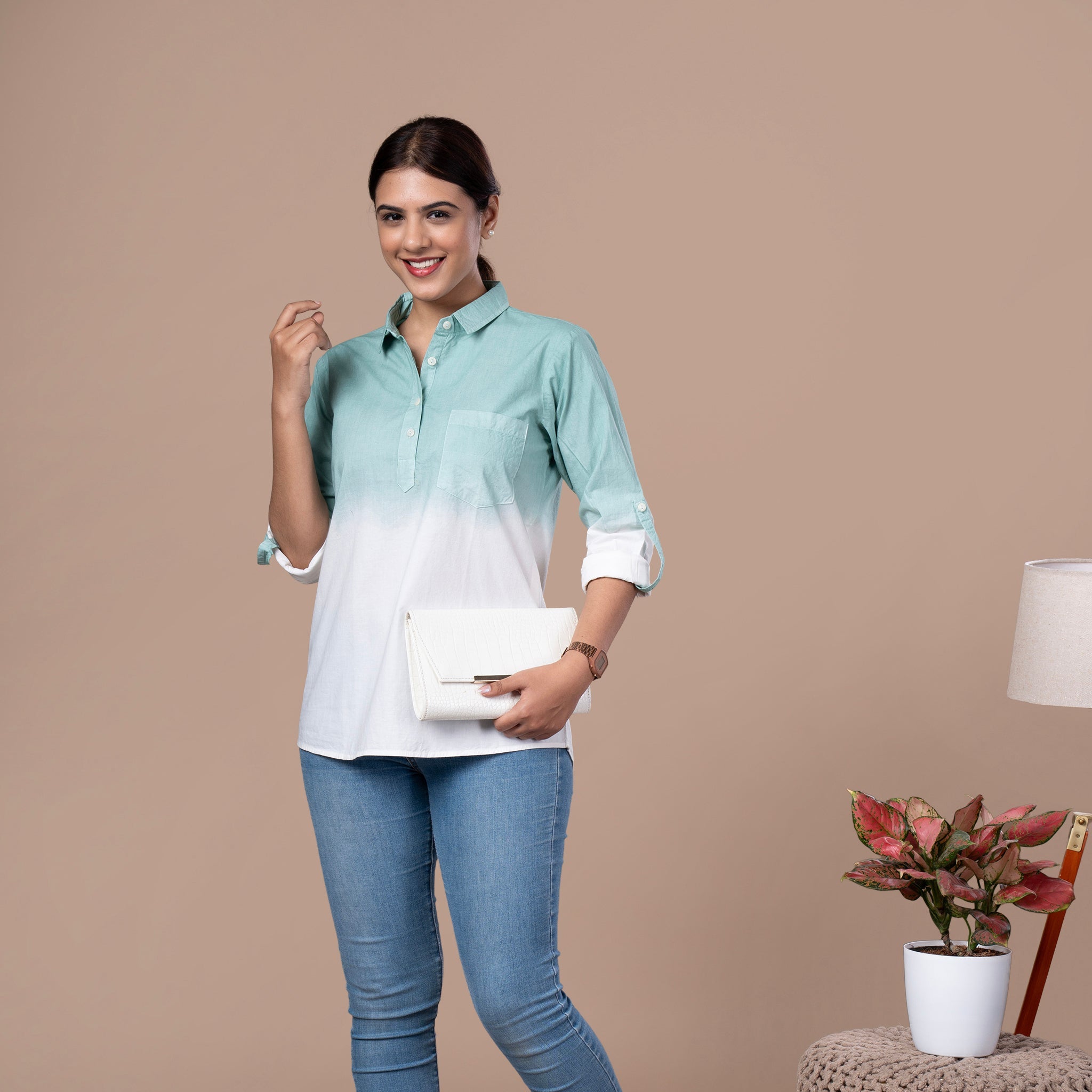 Solid Cotton Linen Shirt Style Tunic - Green