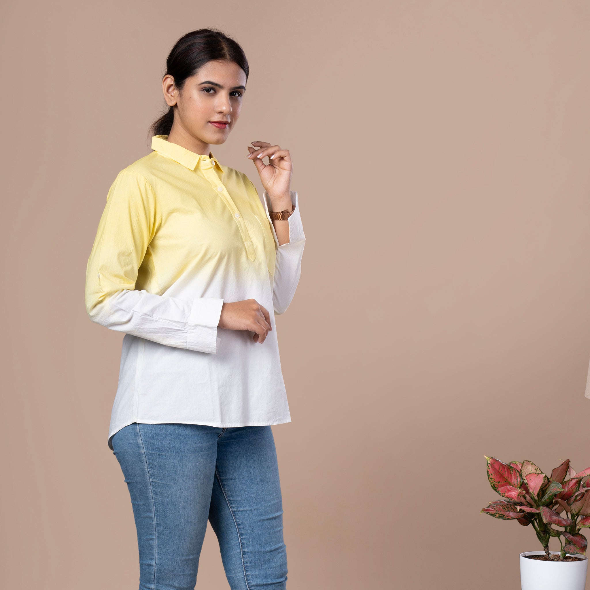 Solid Cotton Linen Shirt Style Tunic - Yellow