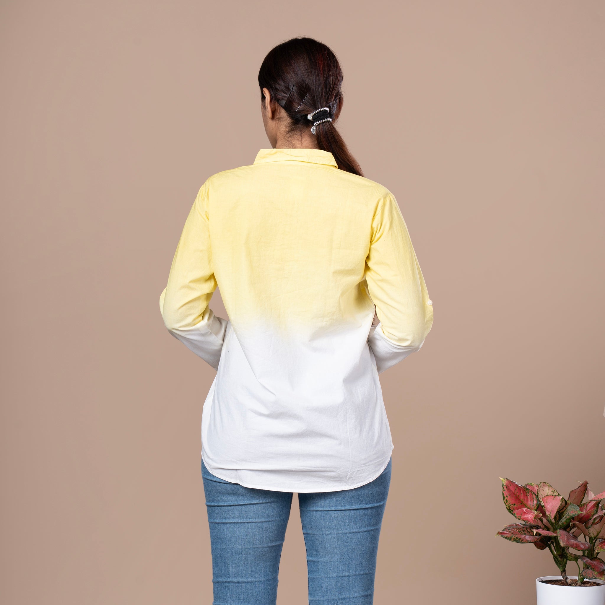Solid Cotton Linen Shirt Style Tunic - Yellow