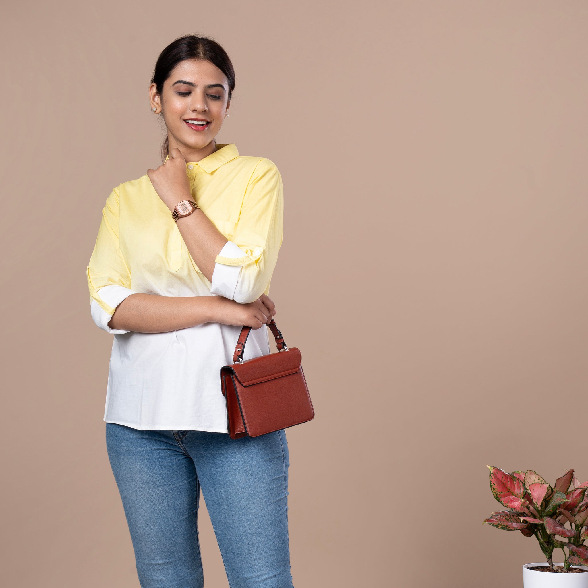 Solid Cotton Linen Shirt Style Tunic - Yellow