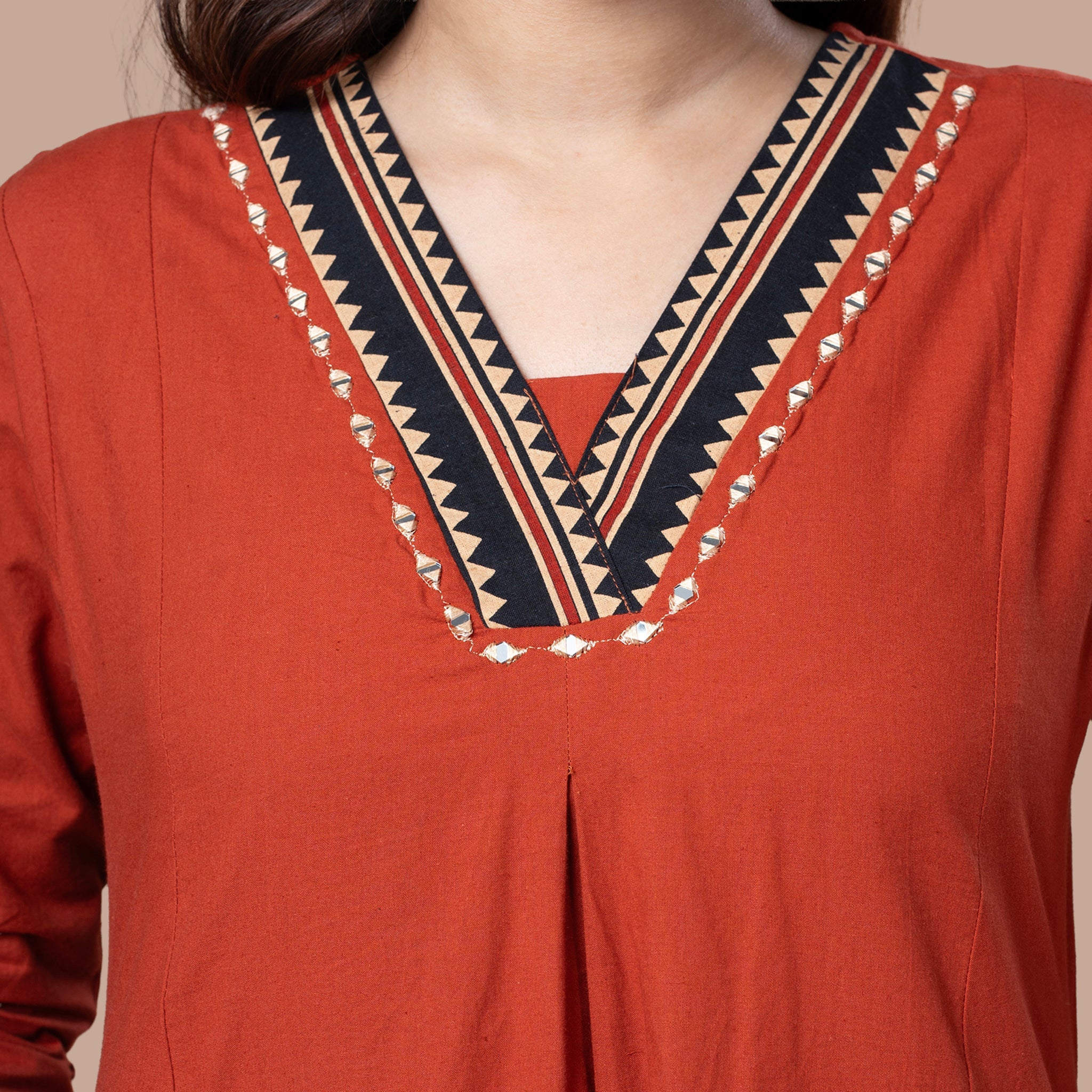 Ajrakh Cotton Kurta Pant Dupatta Set - Rust