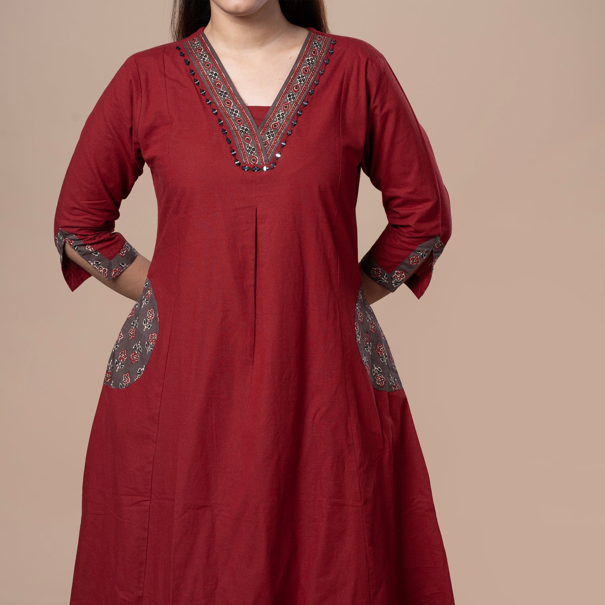 Ajrakh Cotton Kurta Pant Dupatta Set - Maroon