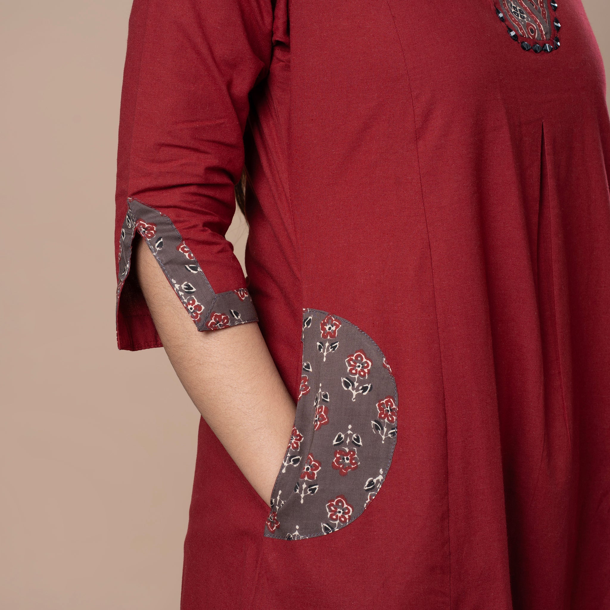 Ajrakh Cotton Kurta Pant Dupatta Set - Maroon