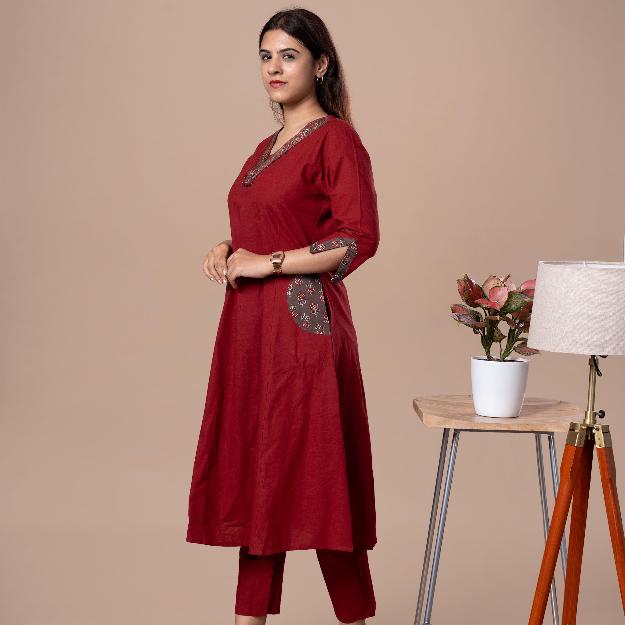 Ajrakh Cotton Kurta Pant Dupatta Set - Maroon
