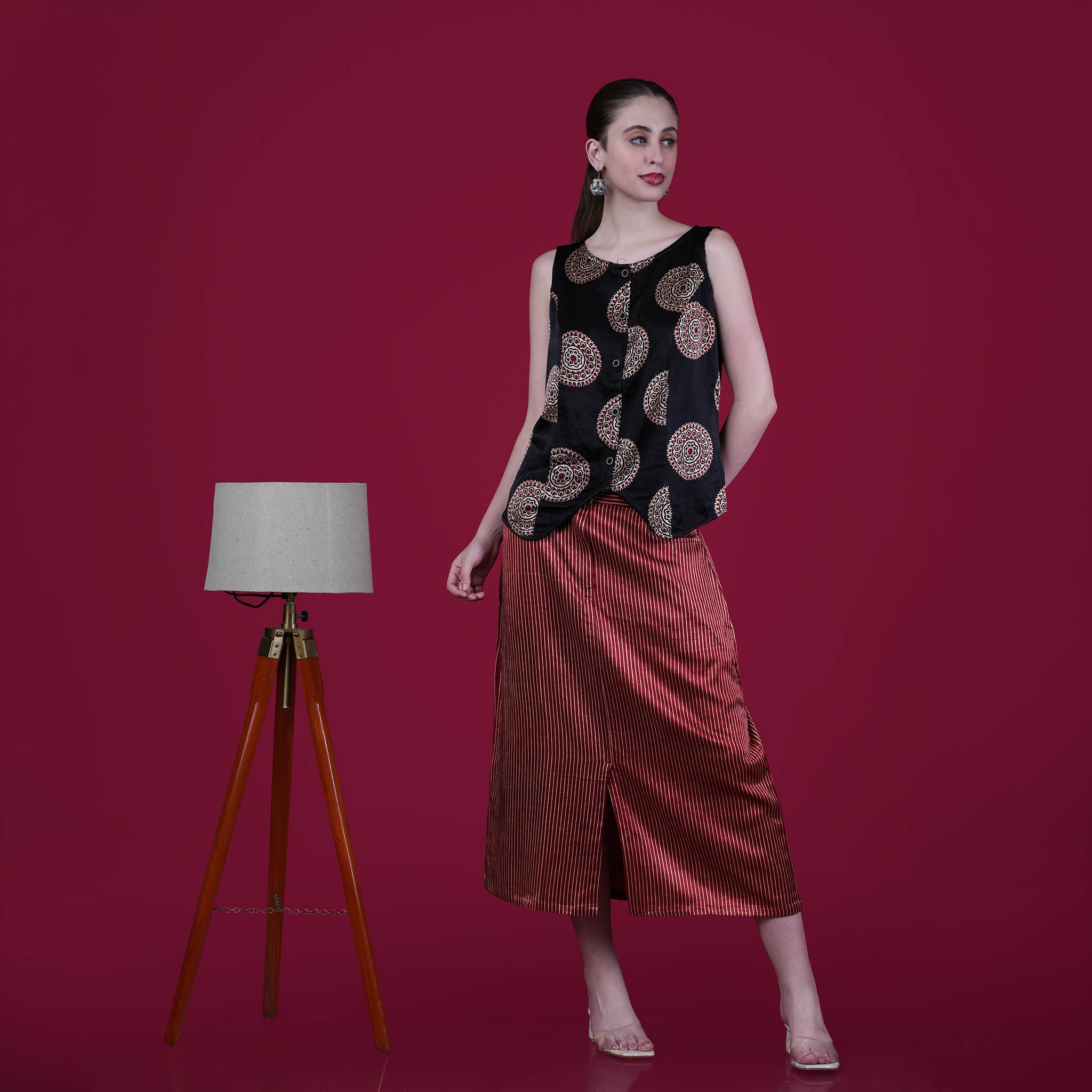 Ajrakh Mashru Silk Skirt Top Set