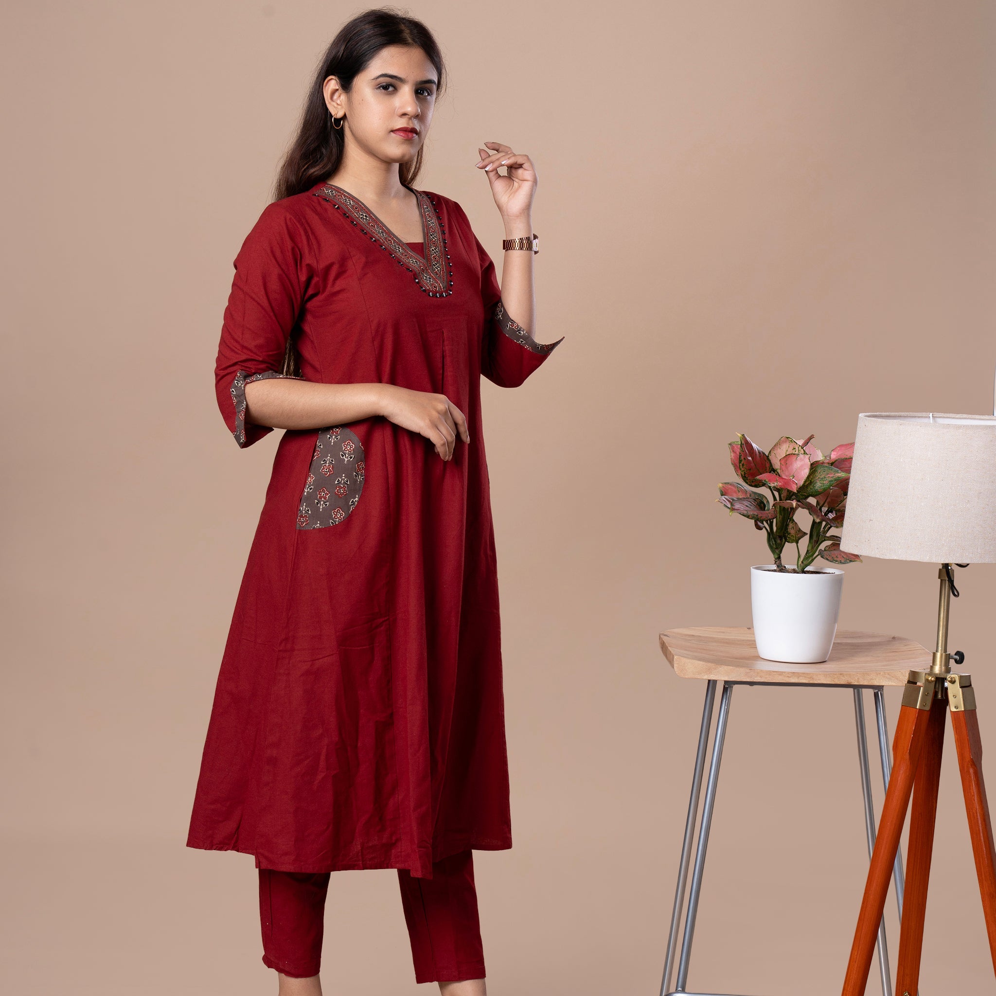 Ajrakh Cotton Kurta Pant Dupatta Set - Maroon