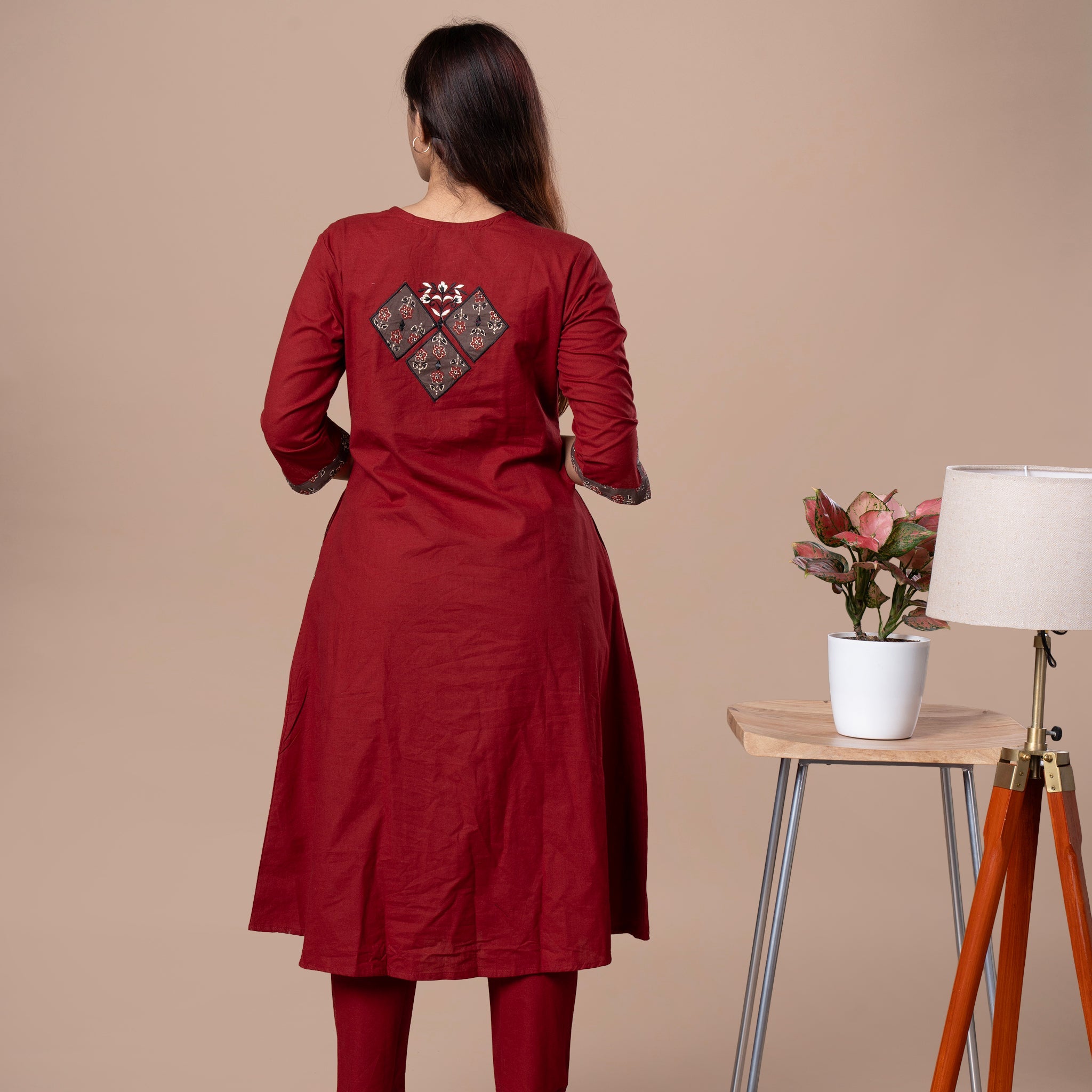 Ajrakh Cotton Kurta Pant Dupatta Set - Maroon