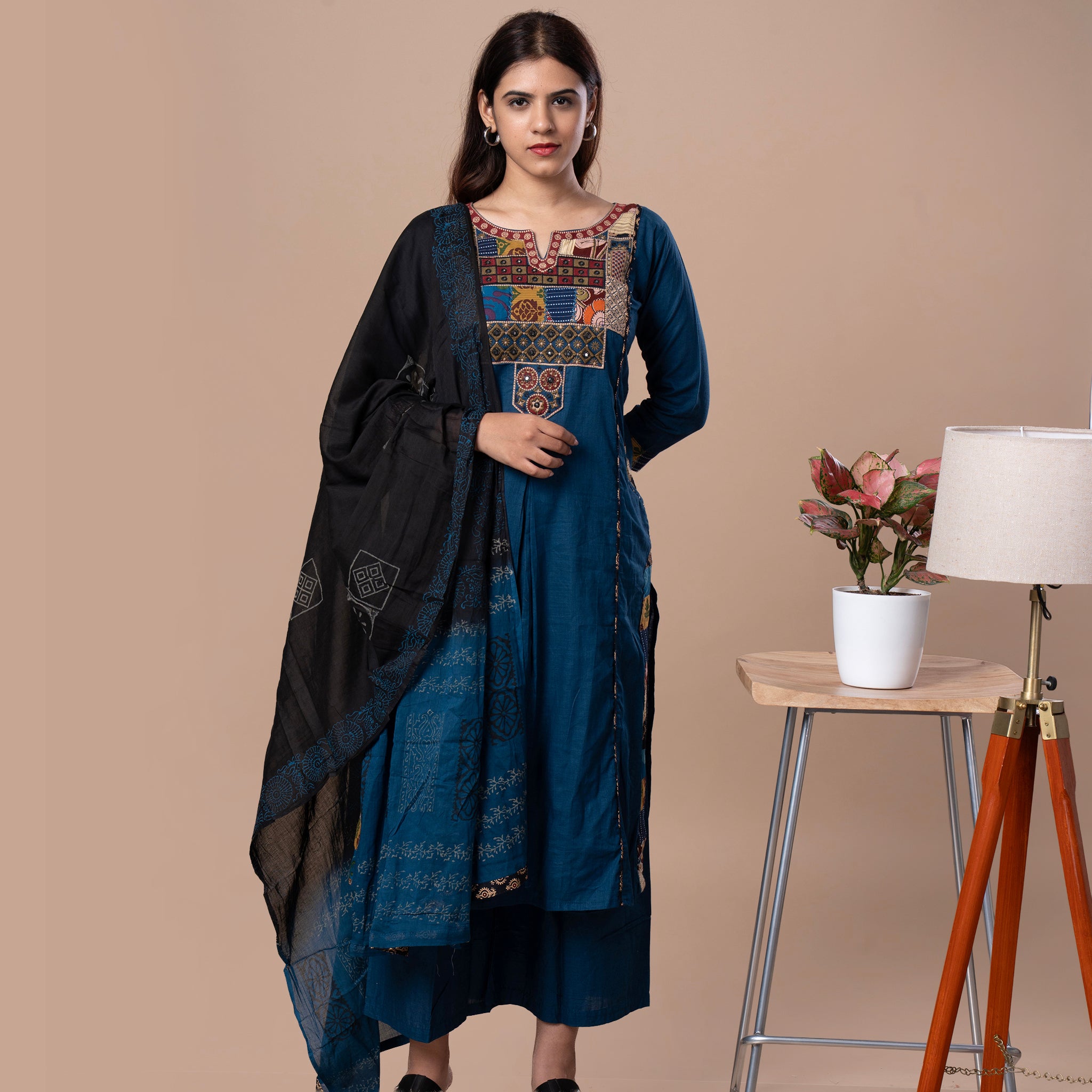 Ajrakh Cotton Kurta Pant Dupatta Set