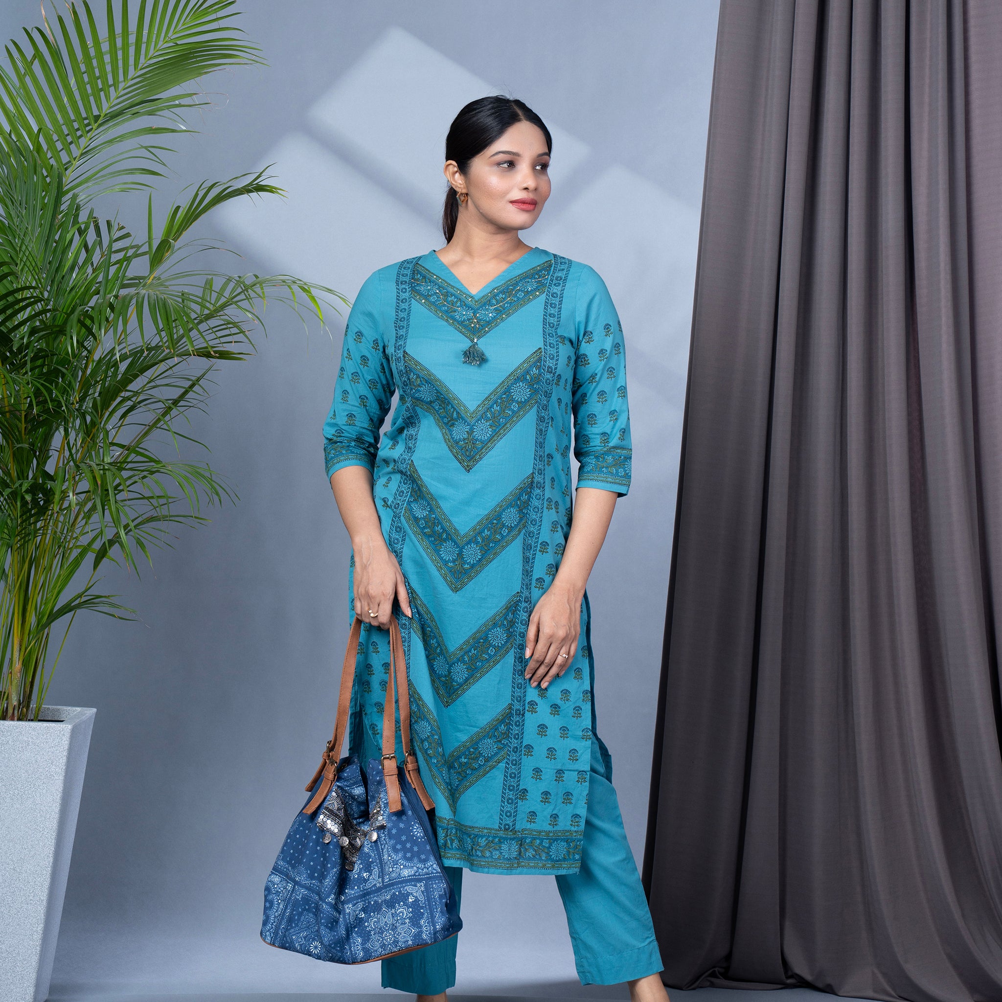Jaipur Cotton Block Print Kurta Pant Dupatta Set