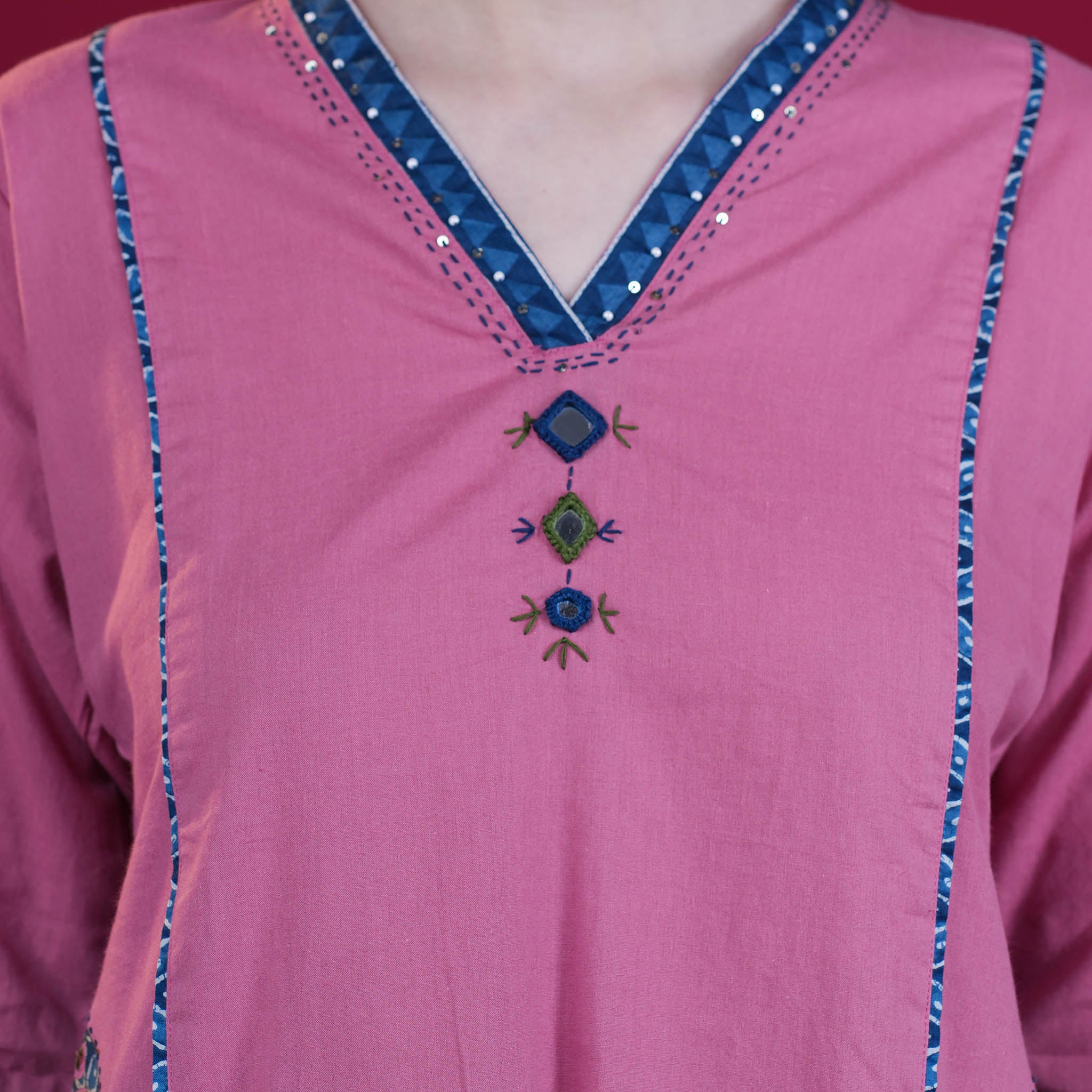 Hand-Block Cotton Panel Kurta Pant Dupatta Set