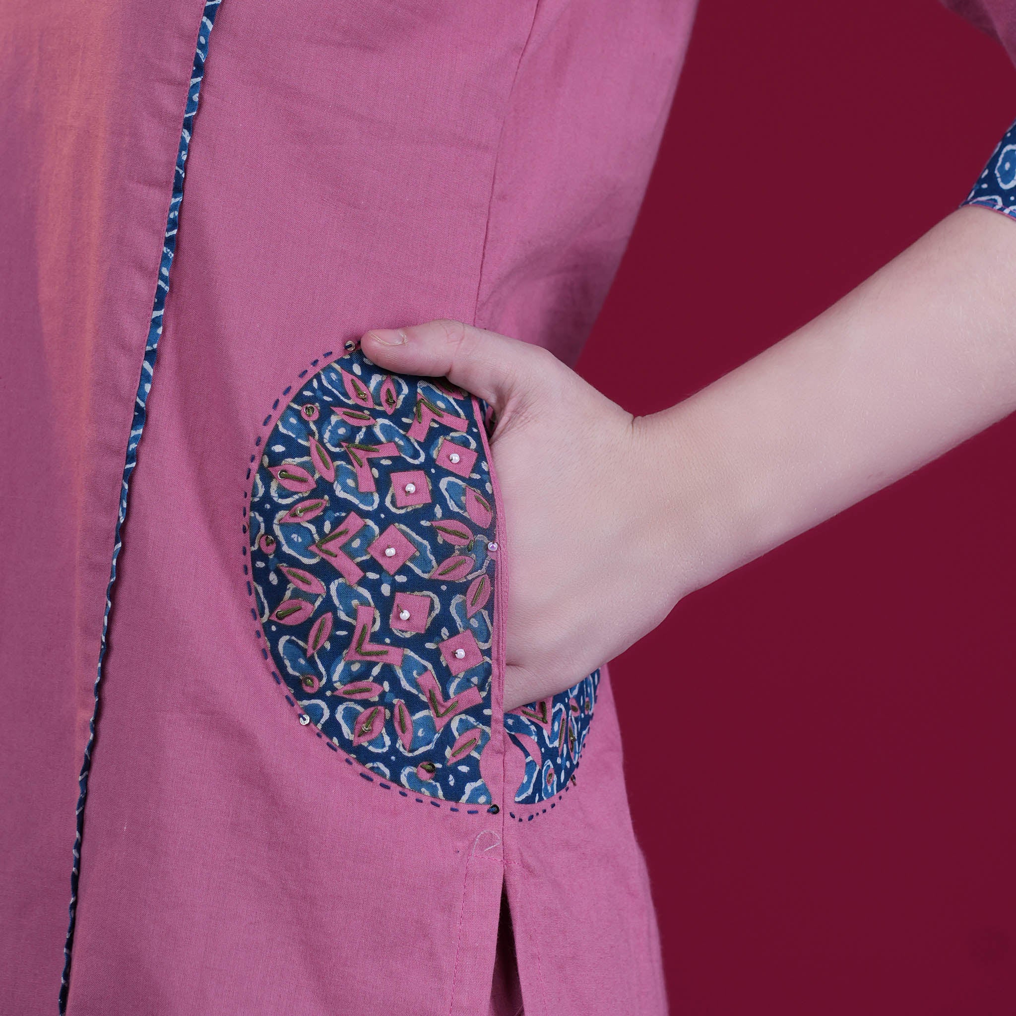 Hand-Block Cotton Panel Kurta Pant Dupatta Set