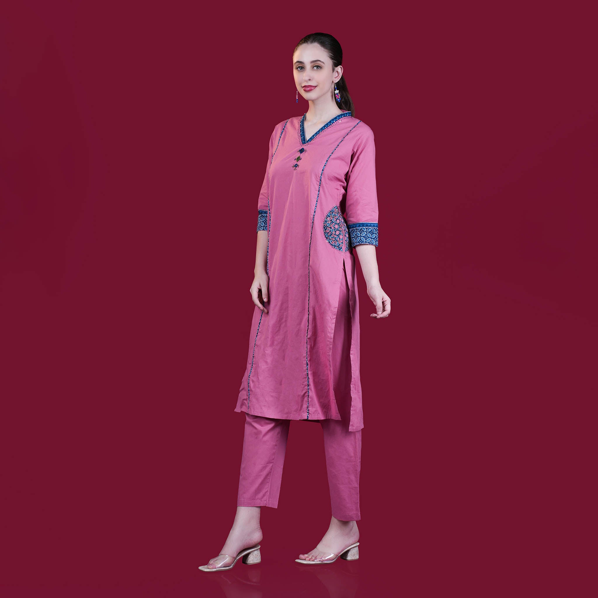 Hand-Block Cotton Panel Kurta Pant Dupatta Set