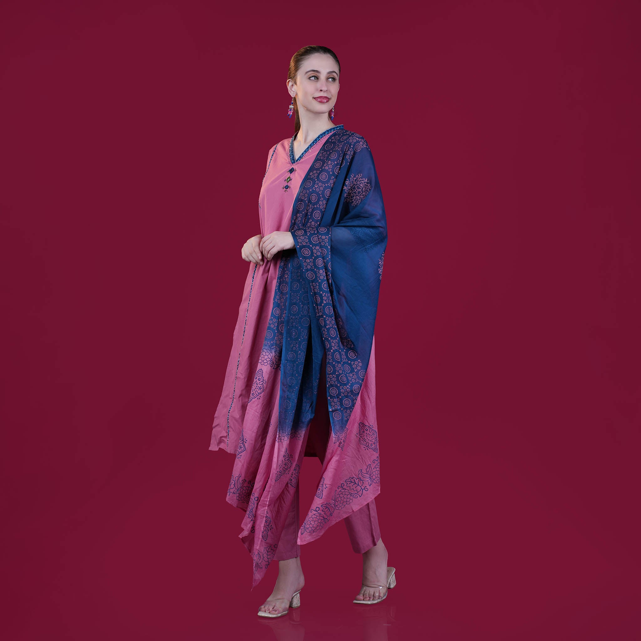 Hand-Block Cotton Panel Kurta Pant Dupatta Set