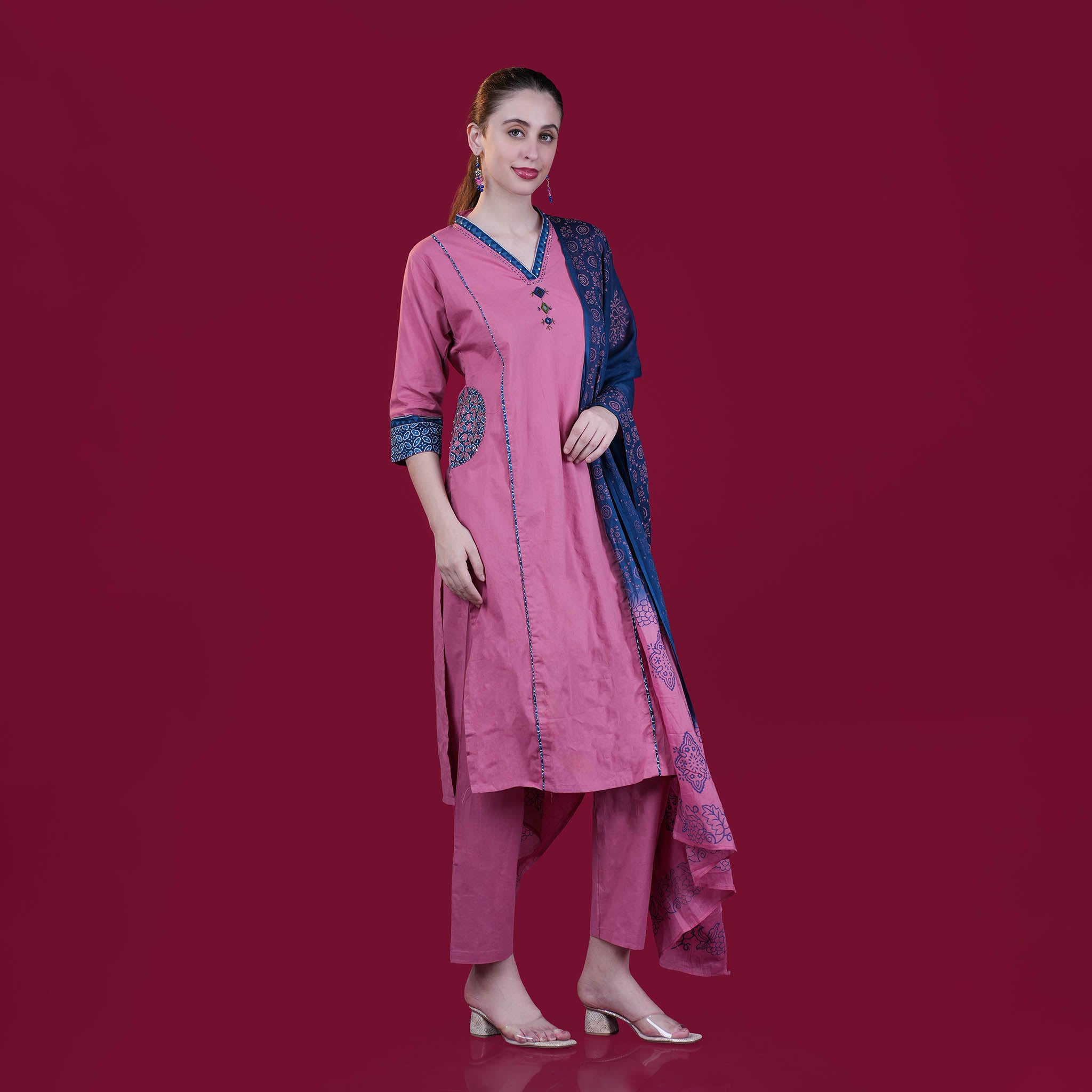 Hand-Block Cotton Panel Kurta Pant Dupatta Set