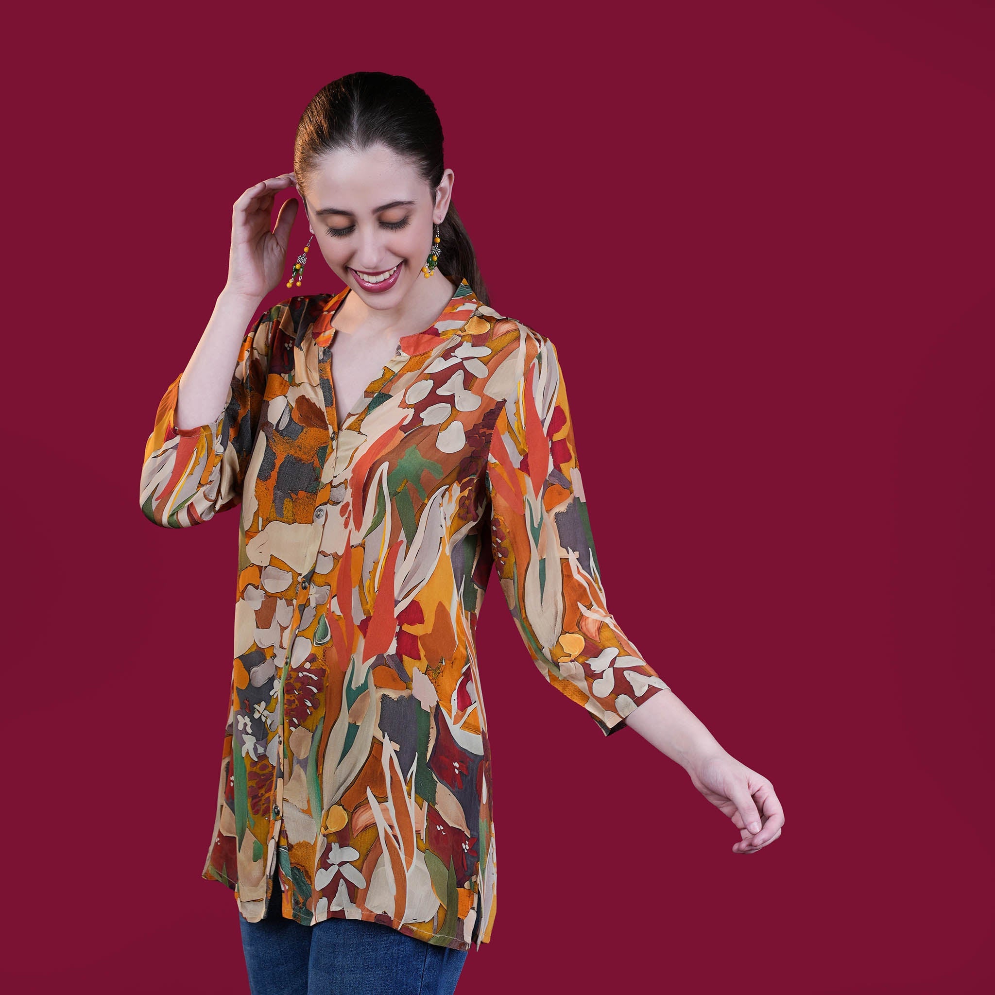 Digital Natural Crepe Silk Tunic - Mustard