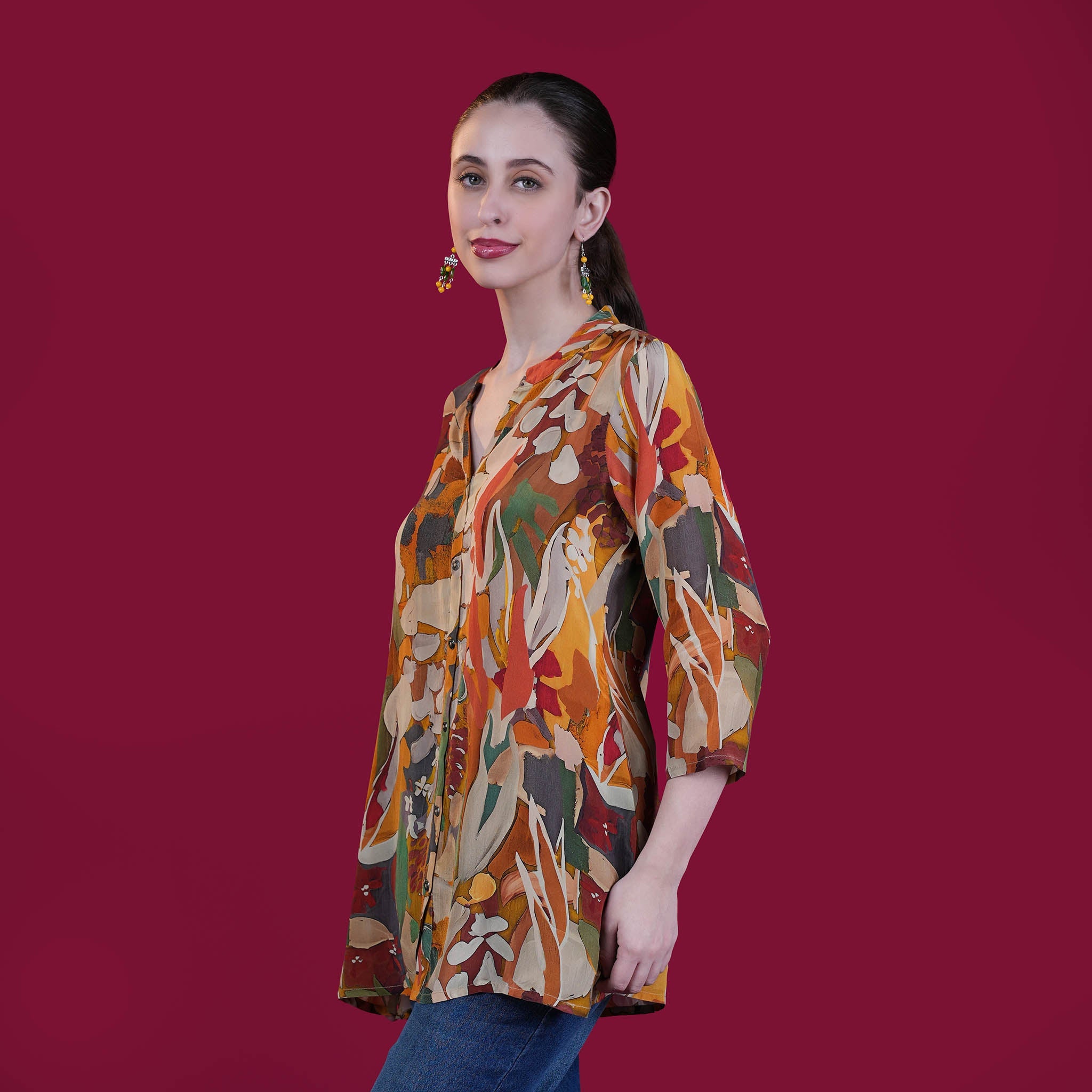 Digital Natural Crepe Silk Tunic - Mustard