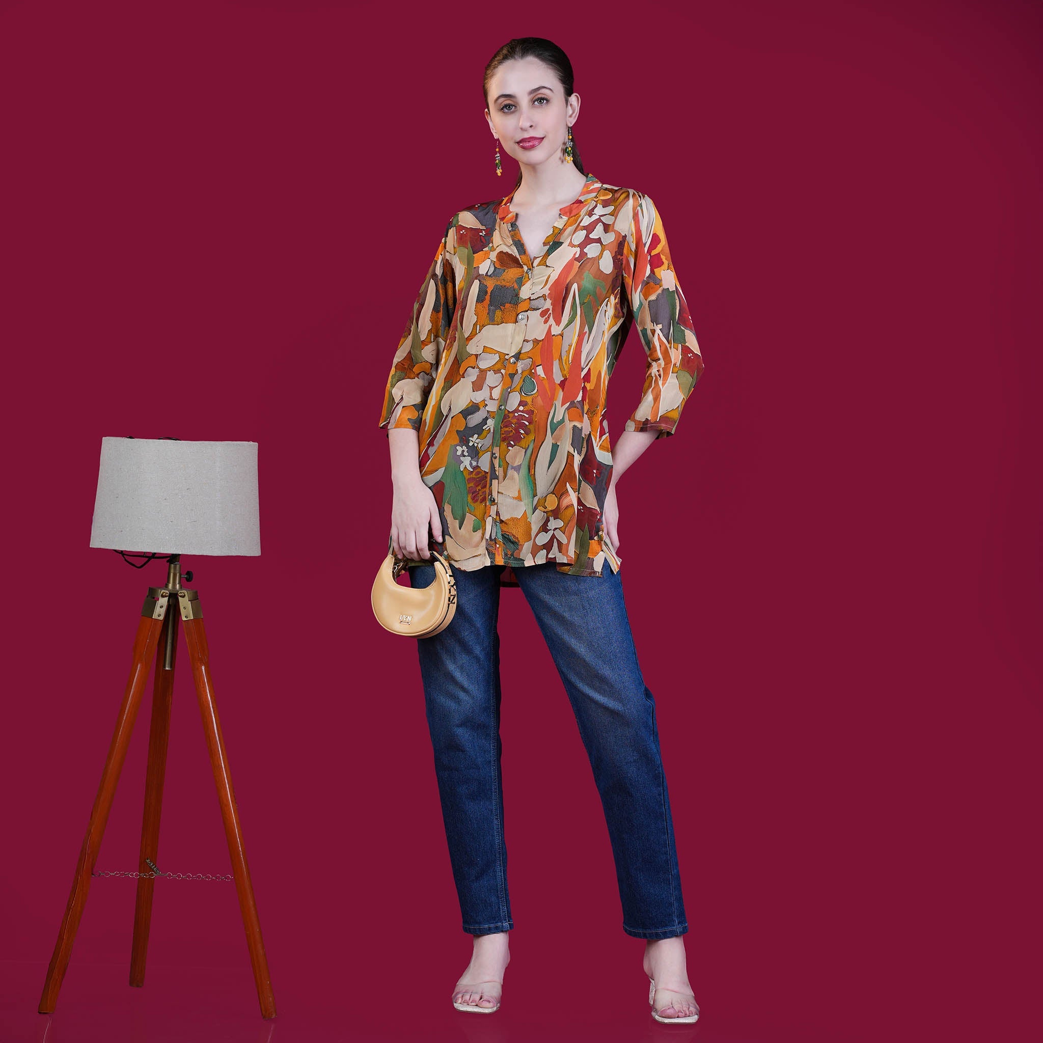 Digital Natural Crepe Silk Tunic - Mustard