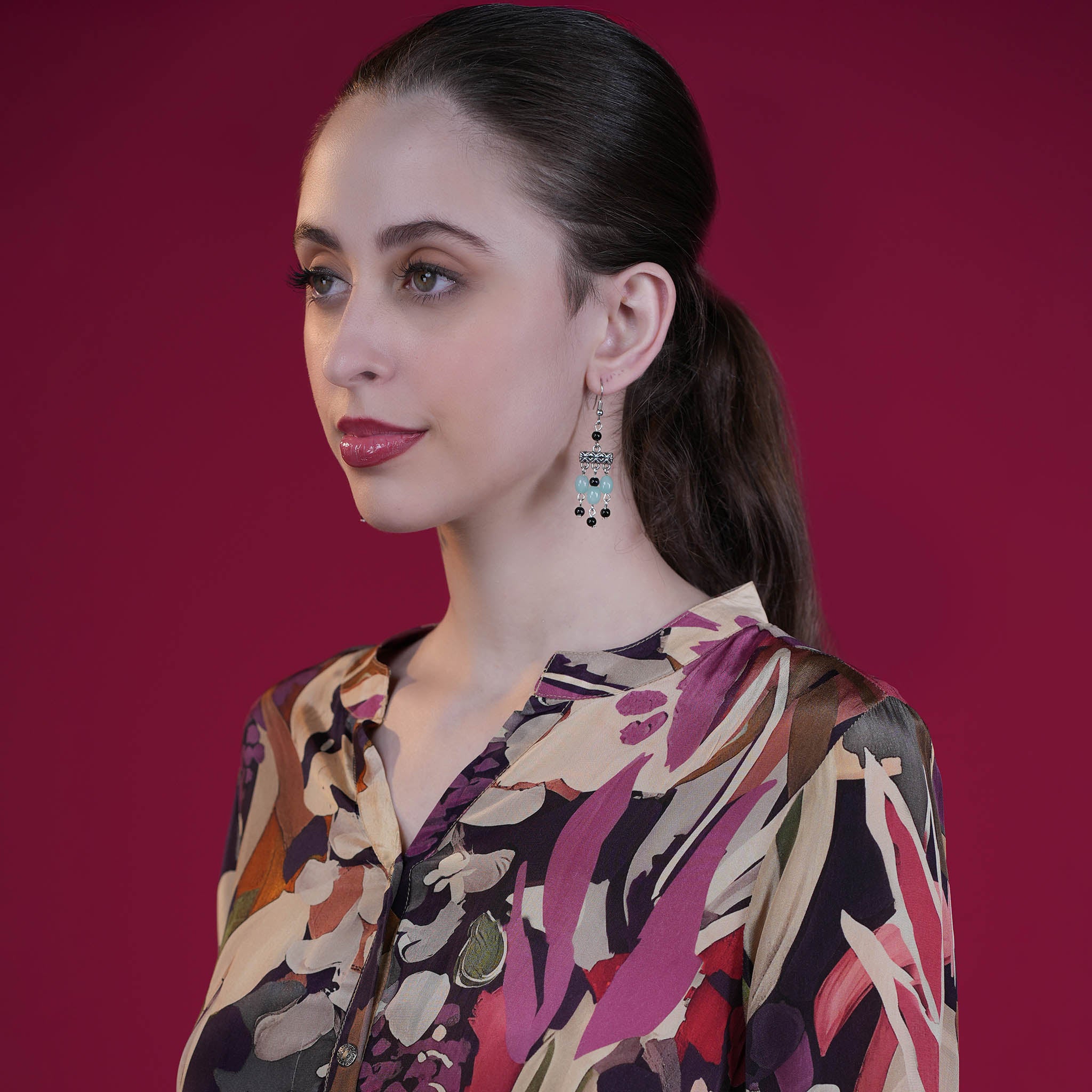 Light Blue And Black Bohemian Glass Bead Dangler Earring