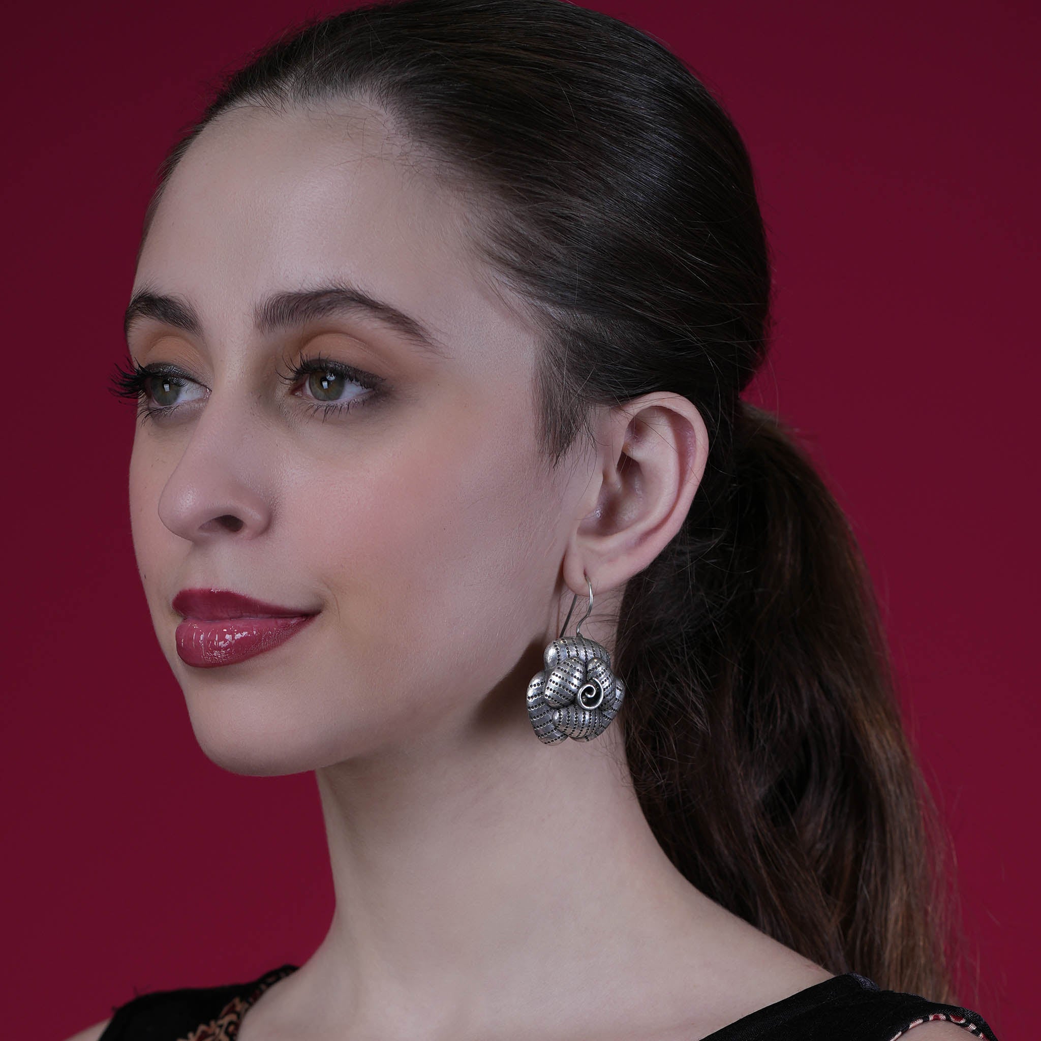 Contemporary Floral Oxidised German Silver Hook Earring