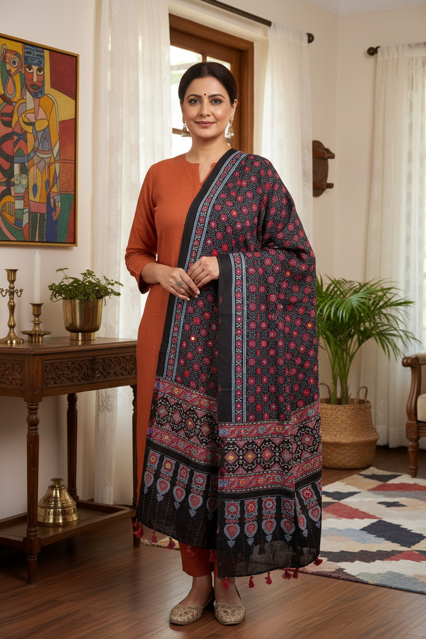 Ajrakh Print Cotton Dupatta - Black