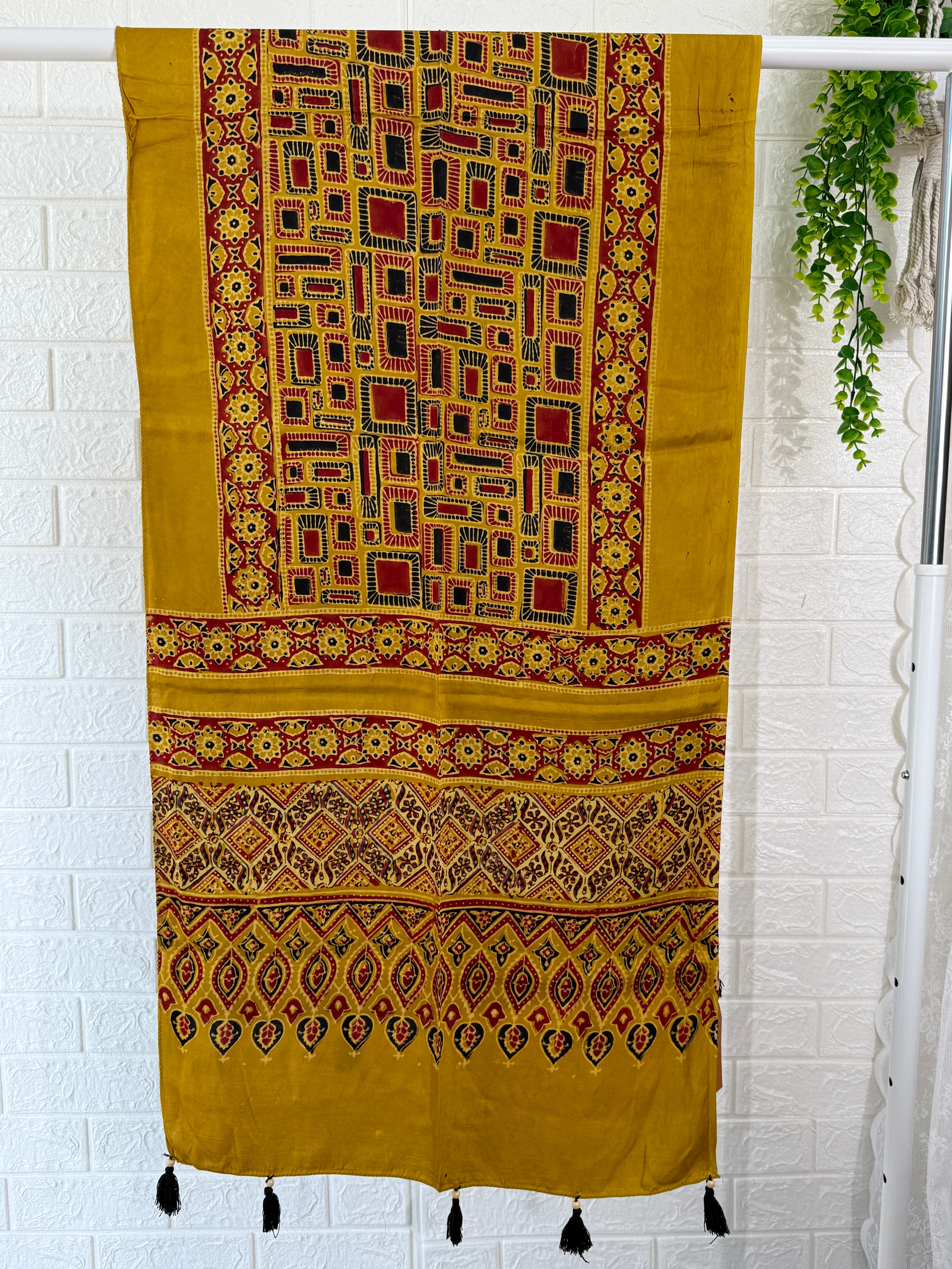 Ajrakh Modal Silk Stole - Mustard