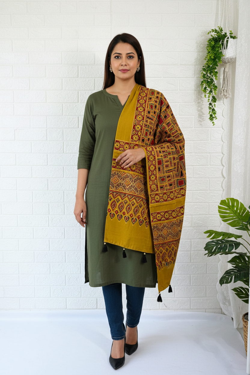 Ajrakh Modal Silk Stole - Mustard