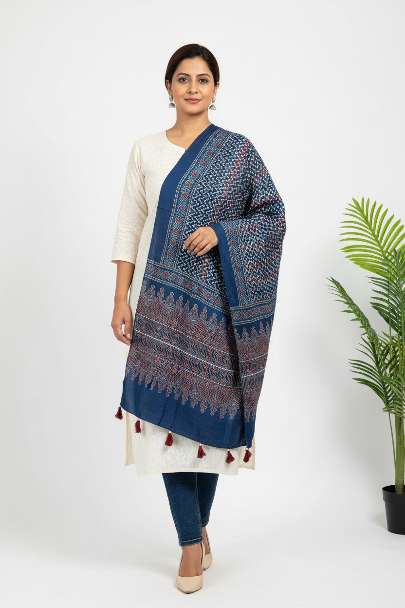 Ajrakh Modal Silk Stole - Indigo