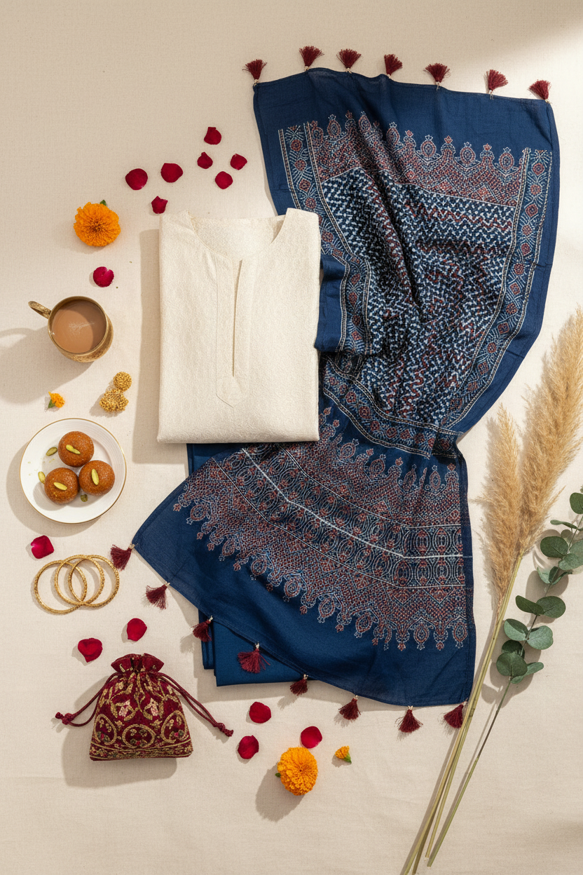 Ajrakh Modal Silk Stole - Indigo