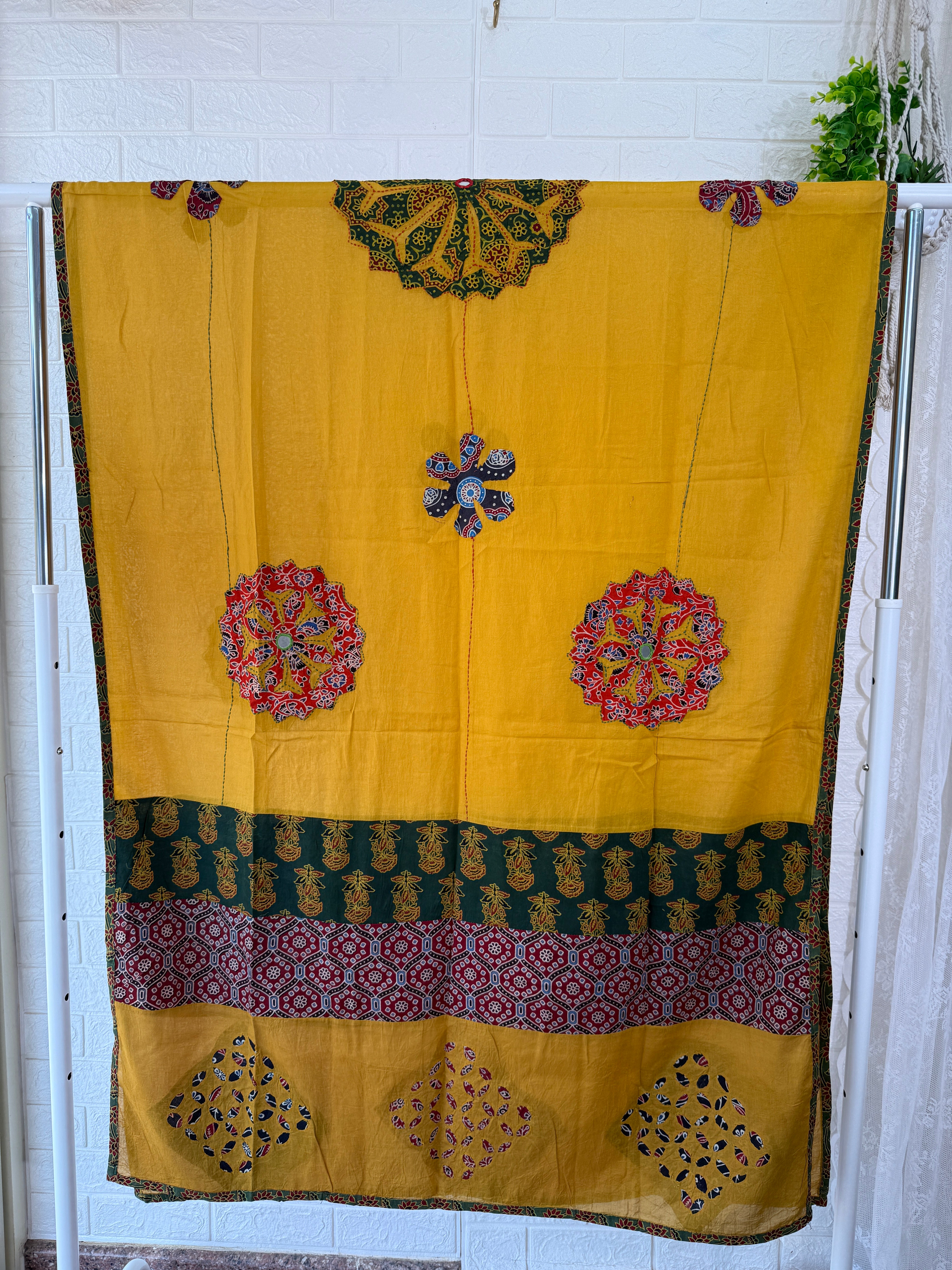 Ajrakh Cotton Applique Work Dupatta - Yellow