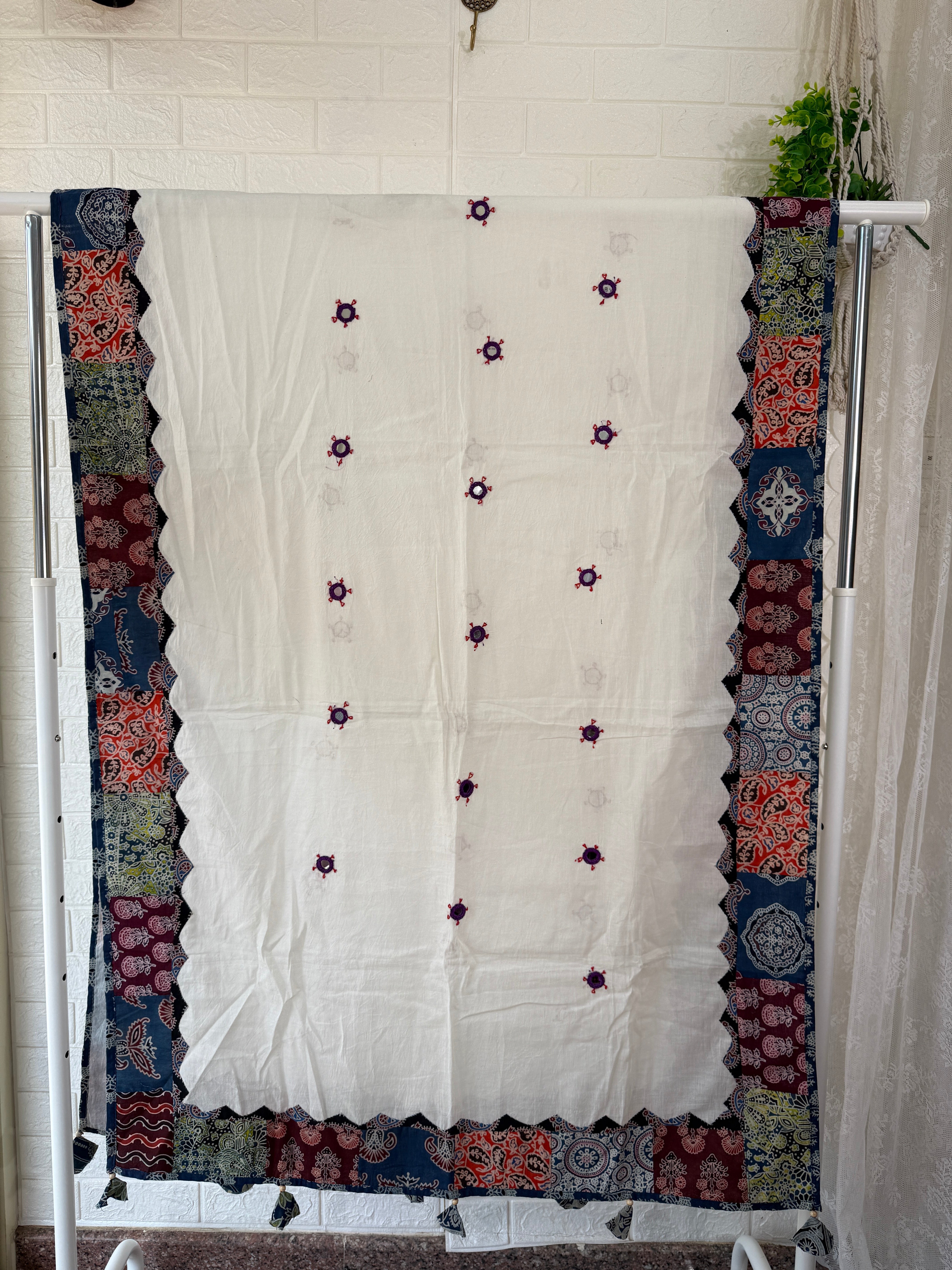Ajrakh Patchwork Cotton Dupatta - Off-White