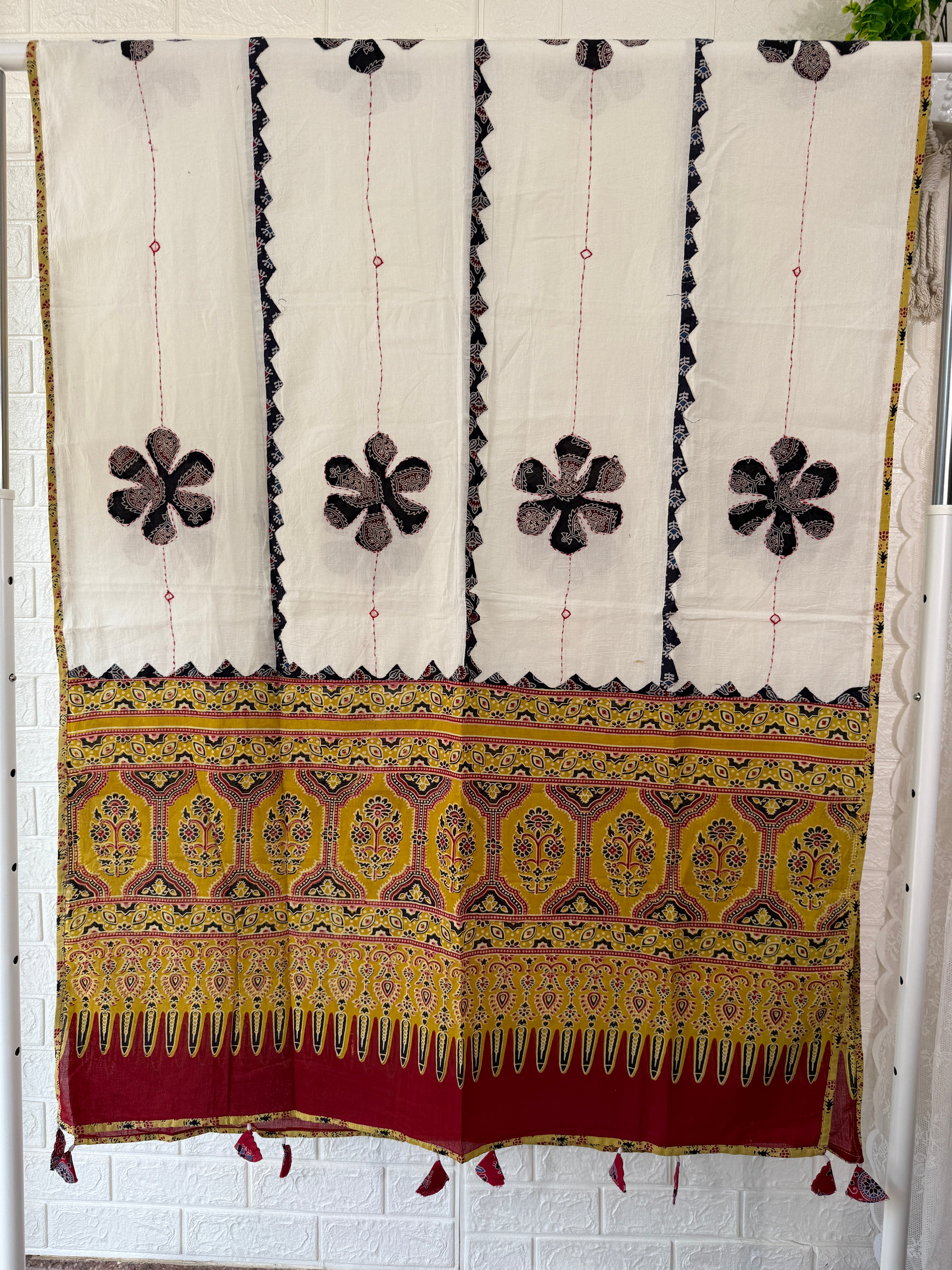 Ajrakh Applique Work Cotton Dupatta - Off-White, Yellow