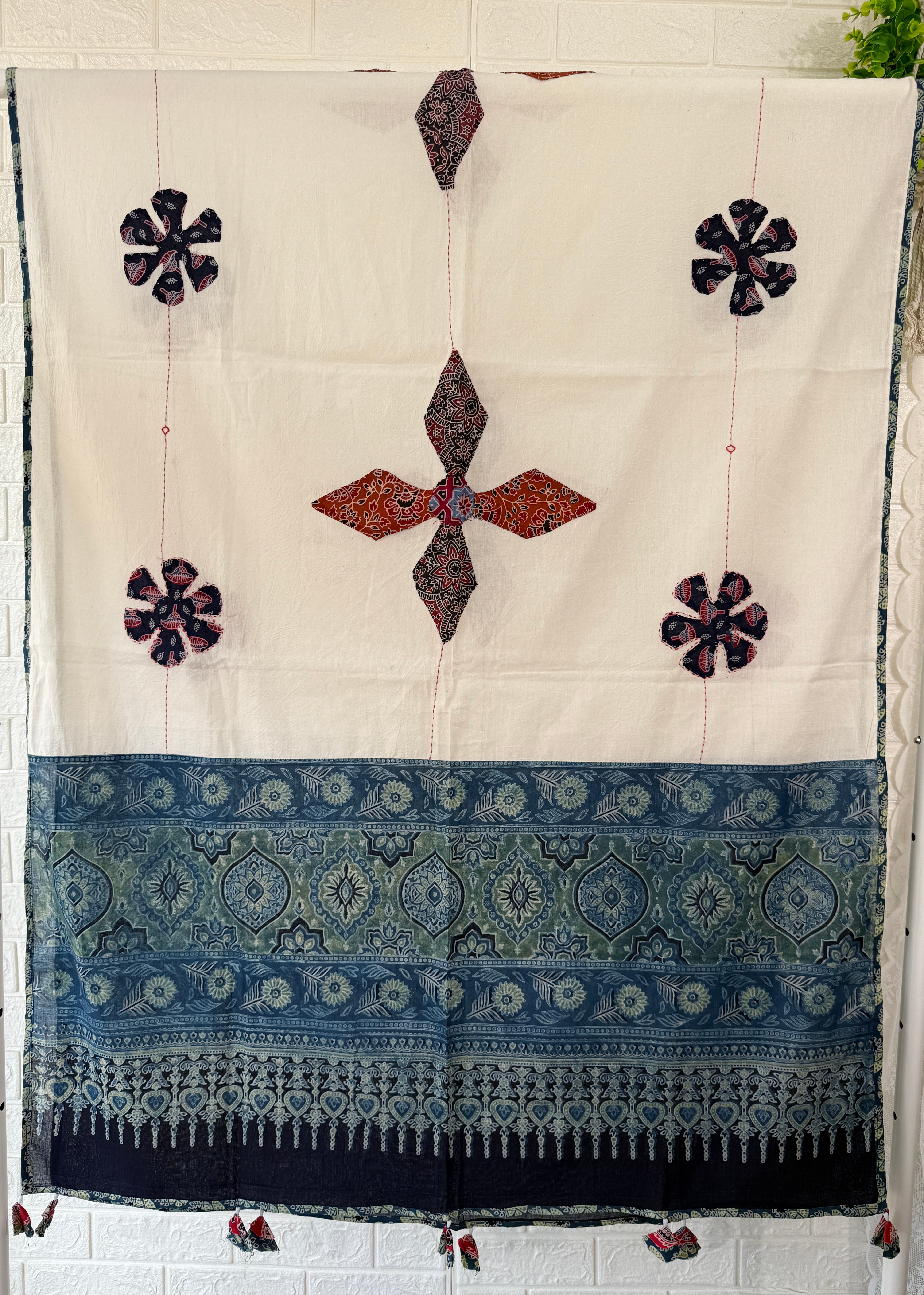 Ajrakh Cotton Dupatta - Off-White, Blue