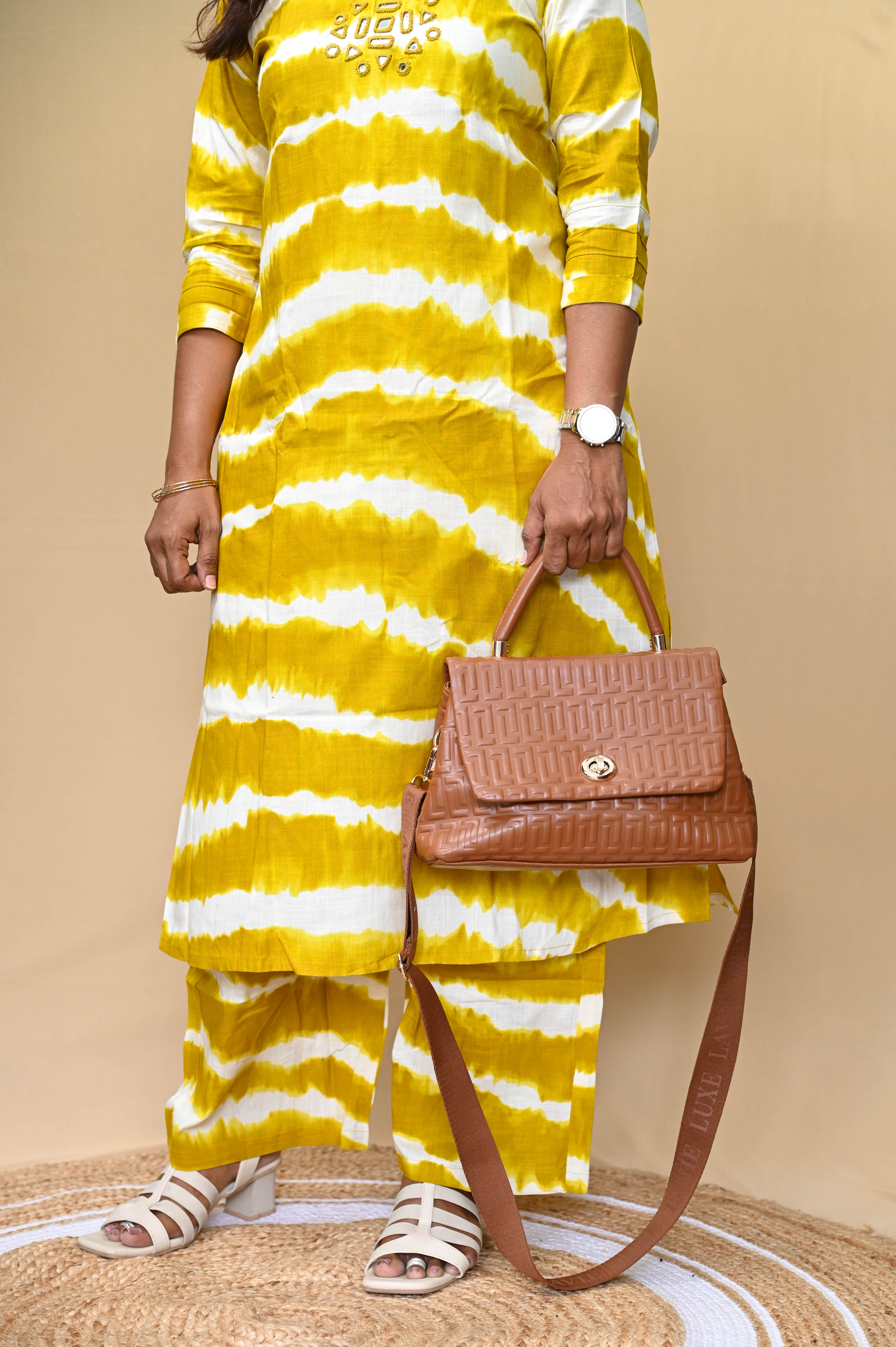 Yellow Cotton Tie-Dye Mirror Work A-Line Kurta Pant Set