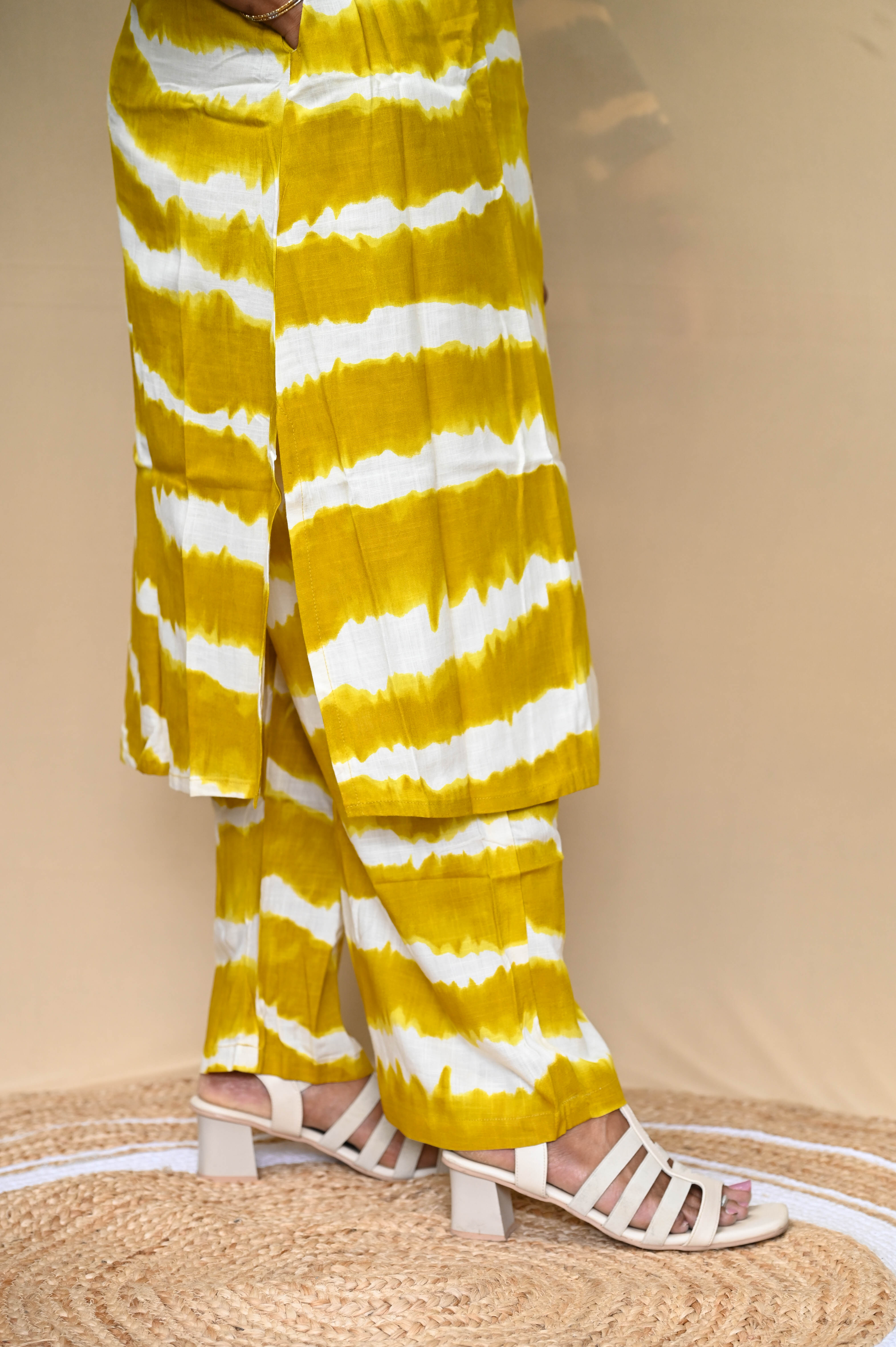 Yellow Cotton Tie-Dye Mirror Work A-Line Kurta Pant Set