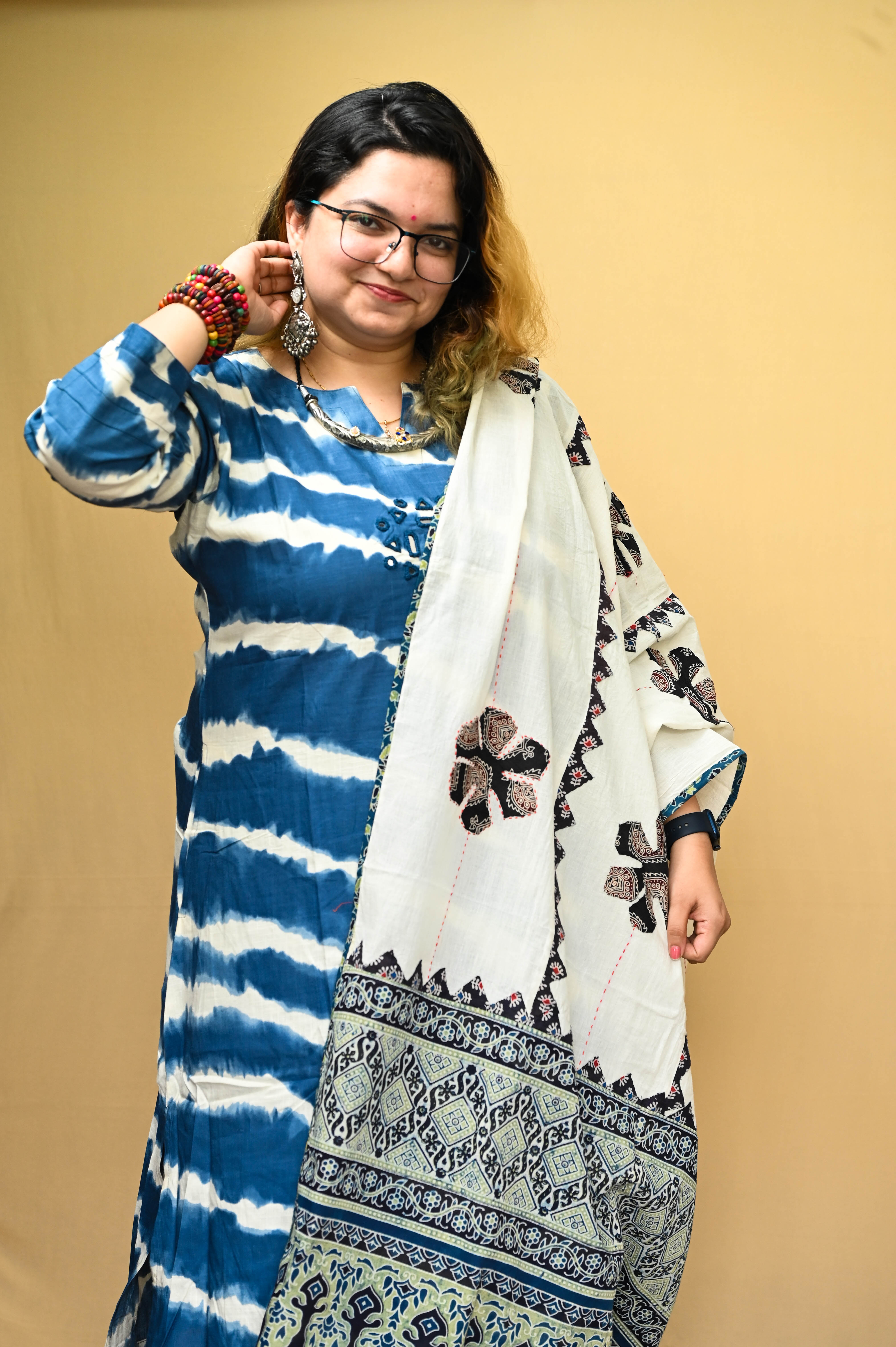 Blue Cotton Tie-Dye Mirror Work A-Line Kurta Pant Set
