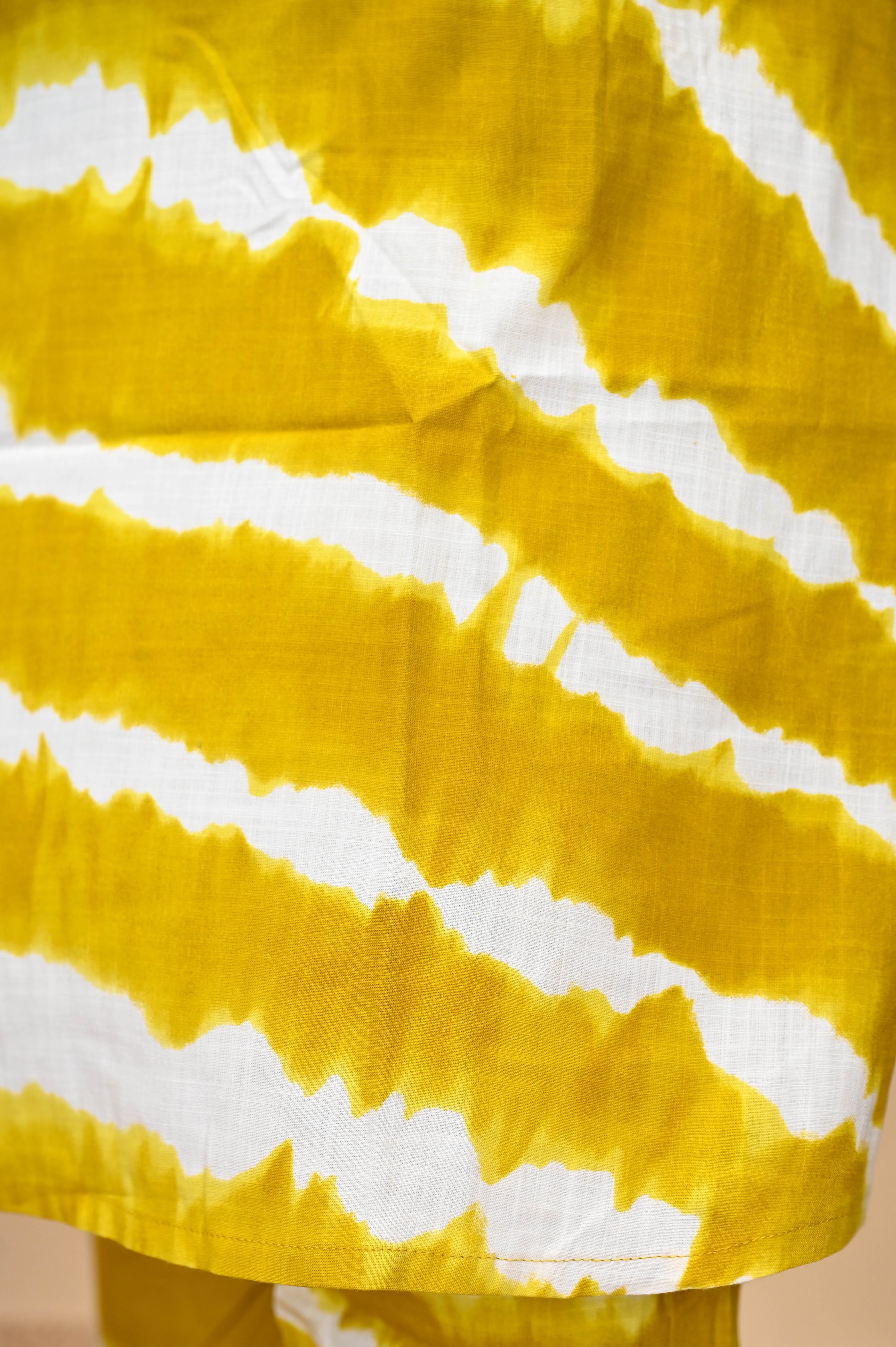 Yellow Cotton Tie-Dye Mirror Work A-Line Kurta Pant Set