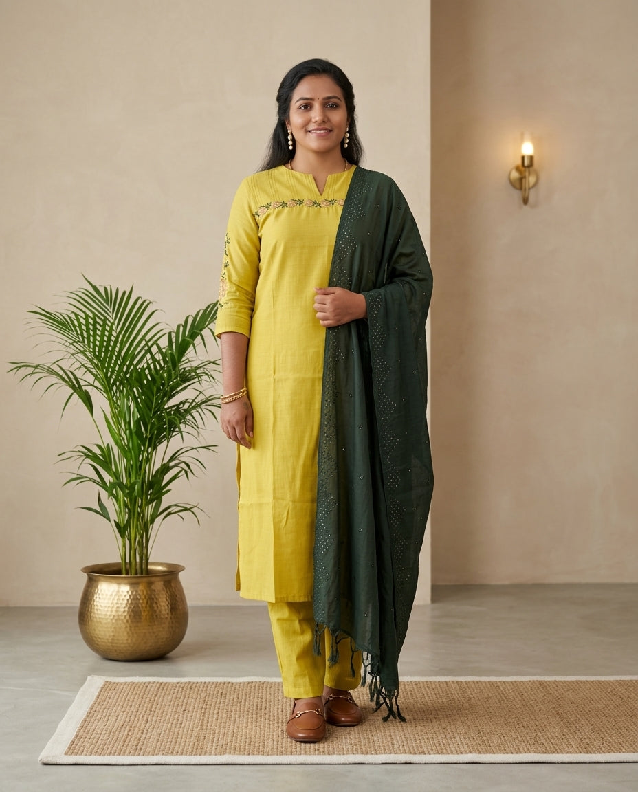Yellow Muslin Solid Kurta Pant Set With Cross Stitch Embroidery
