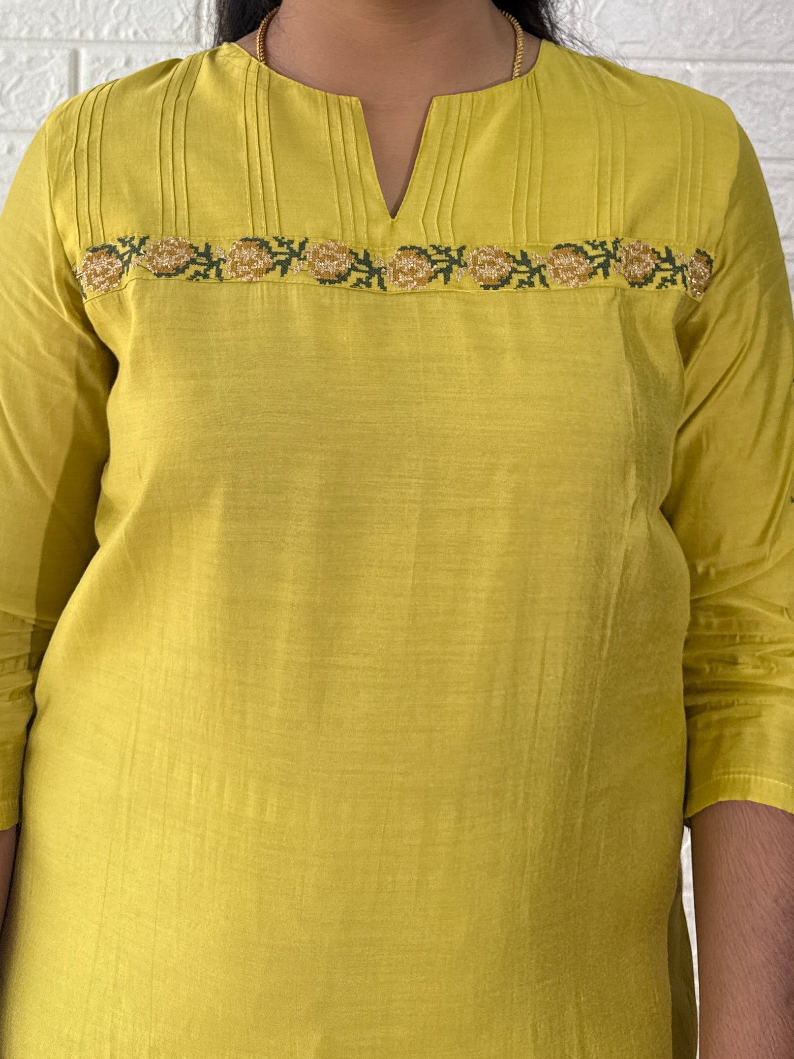 Yellow Muslin Solid Kurta Pant Set With Cross Stitch Embroidery