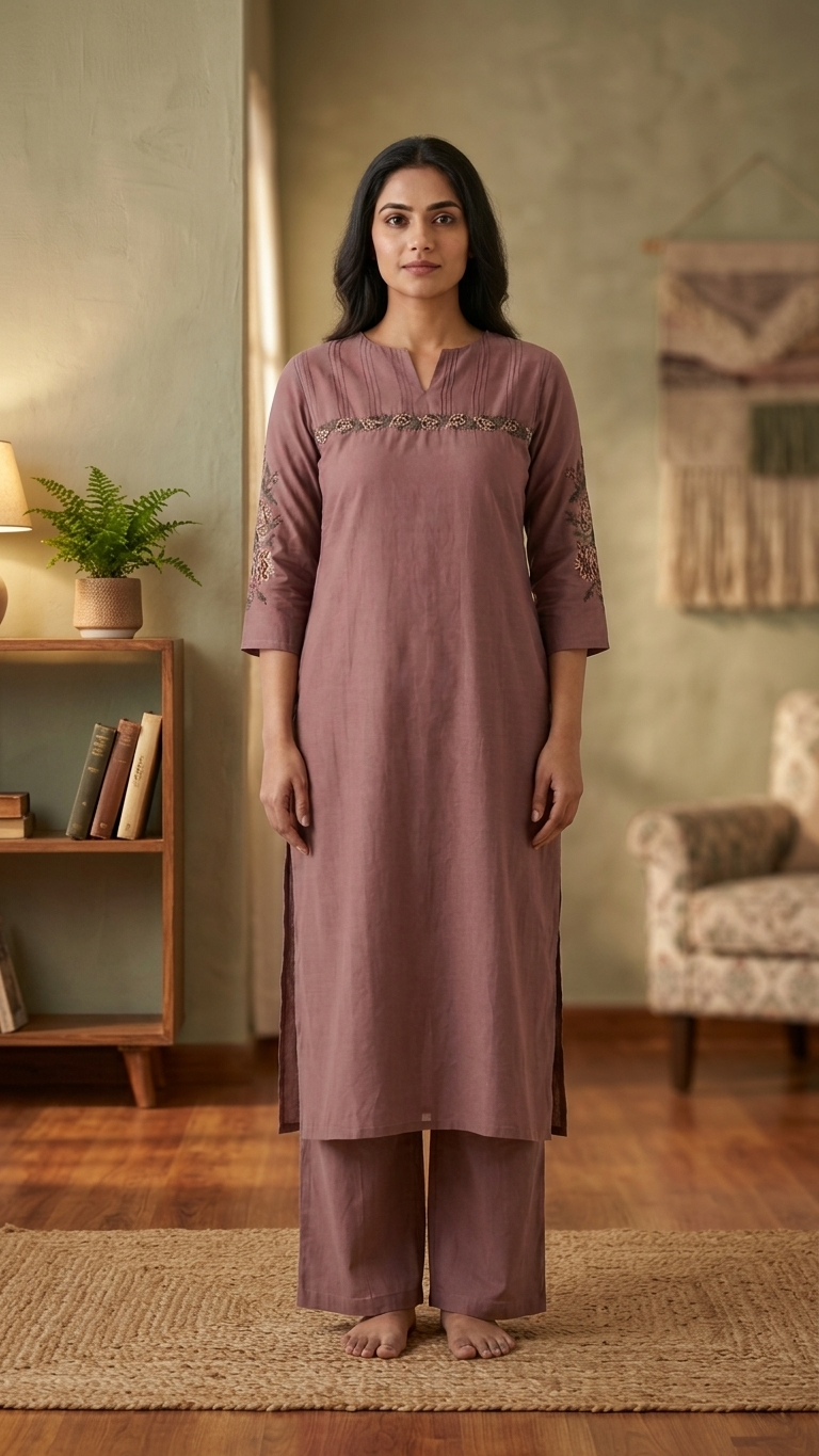 Brown Muslin Kurta Pant Set With Cross Stitch Embroidery