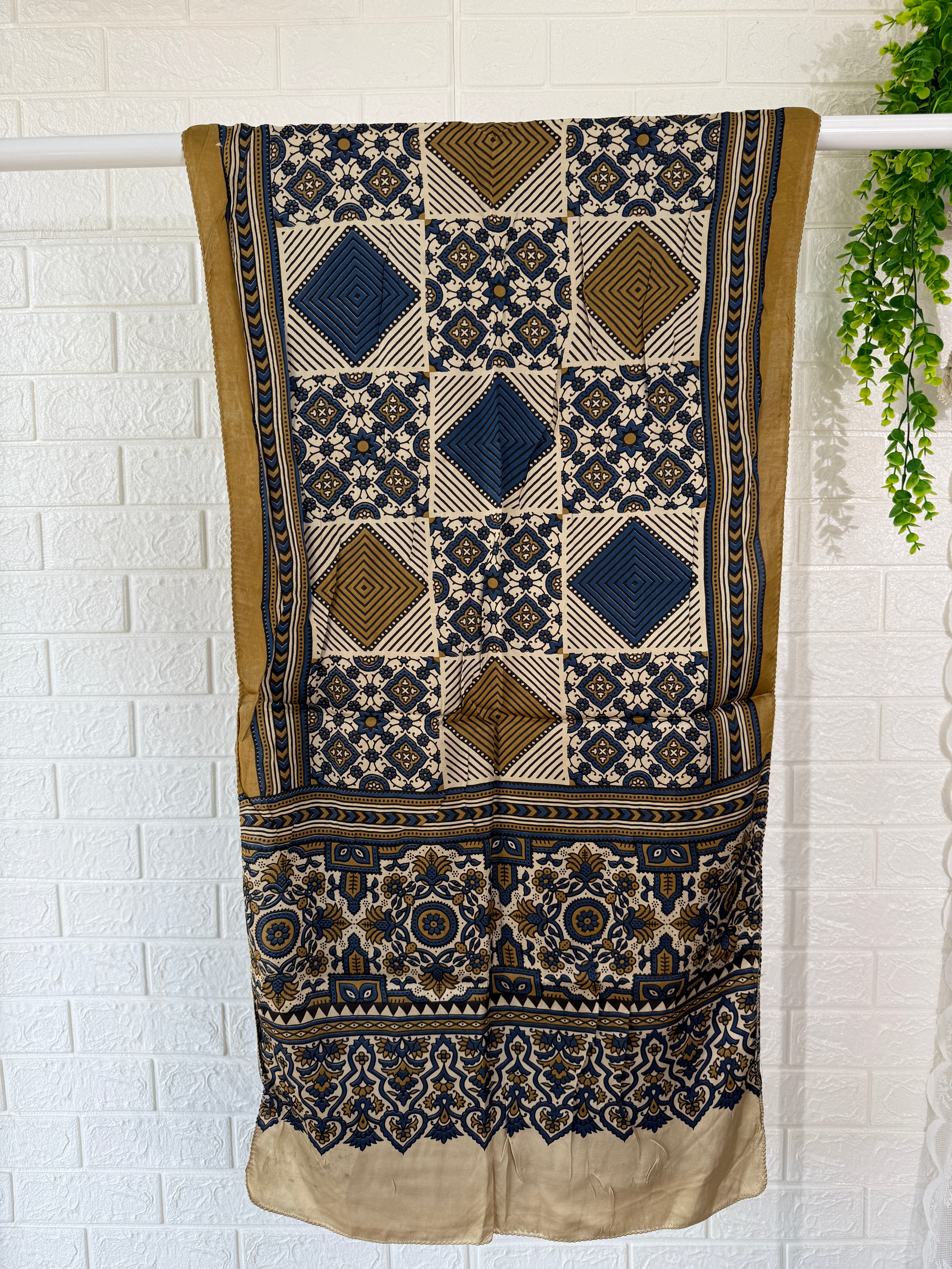 Off White Geometric Ajrakh Modal Silk Stole