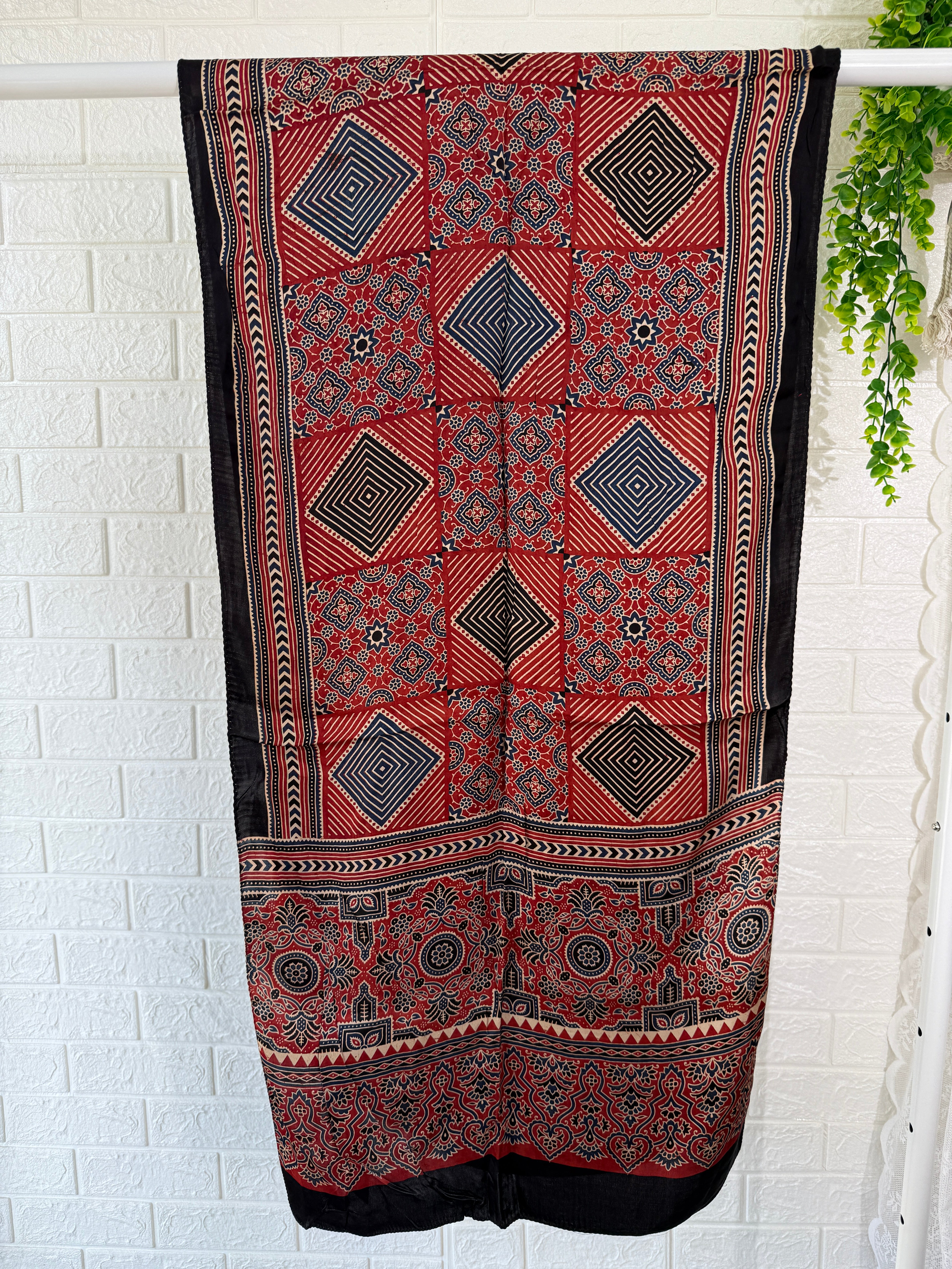 Red Geometric Ajrakh Modal Silk Stole