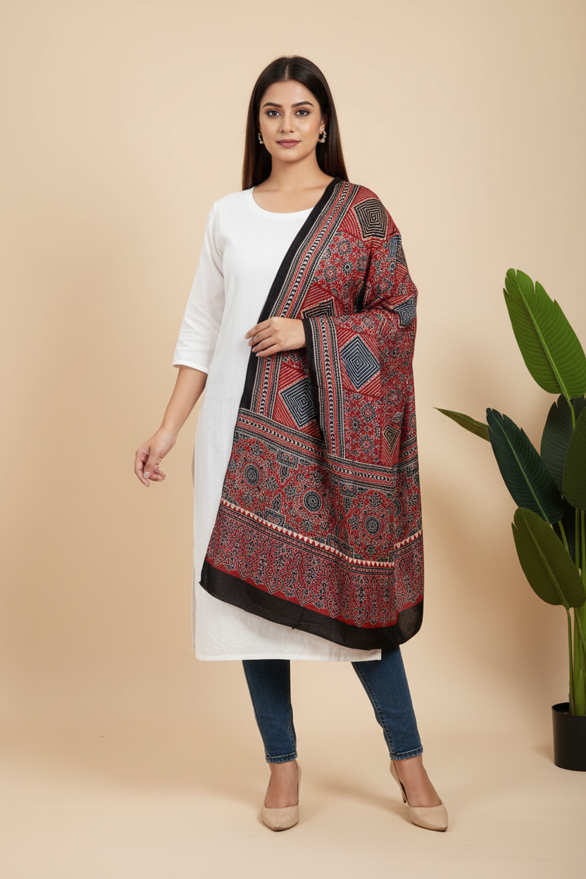Red Geometric Ajrakh Modal Silk Stole